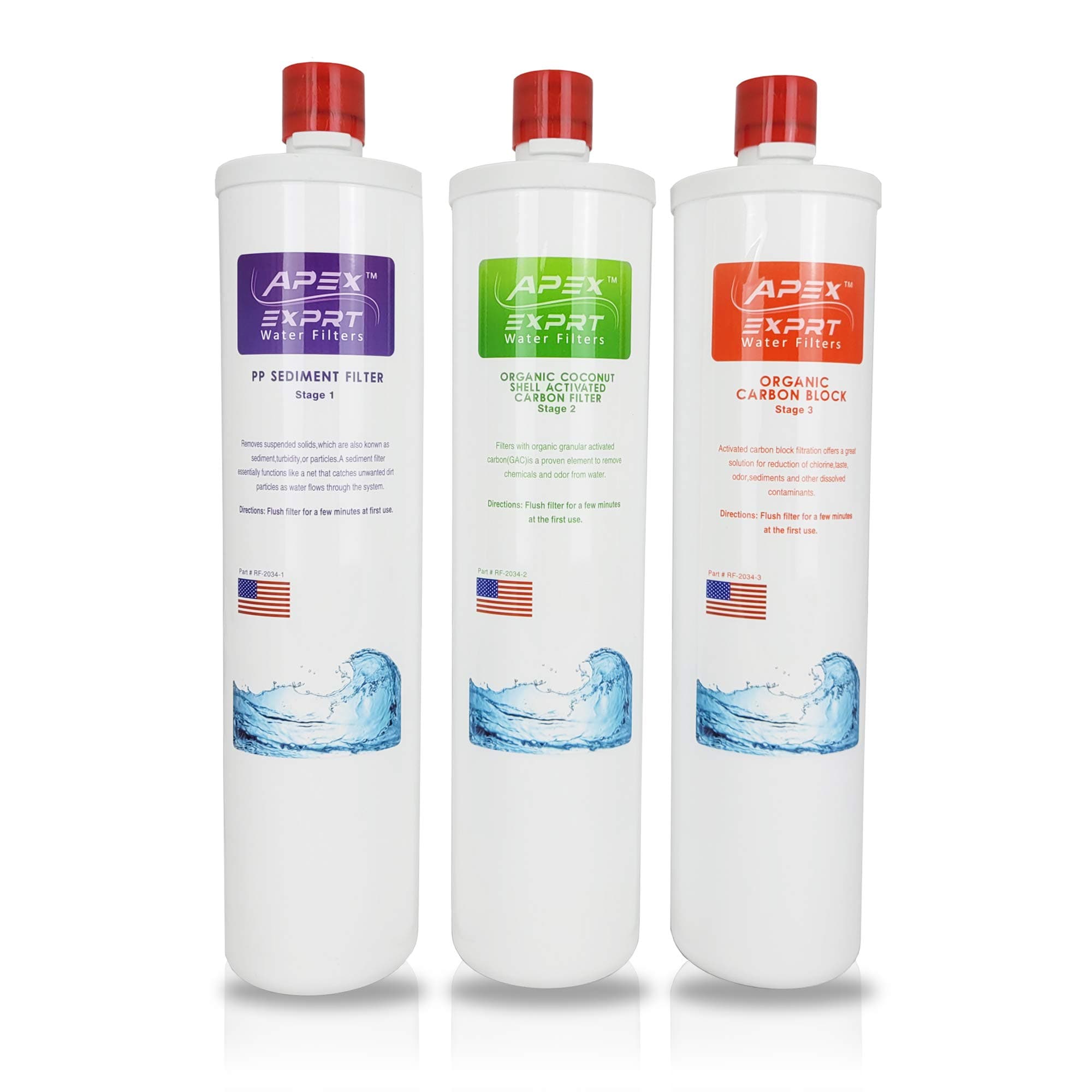 RF-2034B Quality Undersink Pre Filters - 3 Pack Replacement Cartridges - PP (Polypropylene) 5 Micron Sediment Filter, Coconut Shell Carbon, Carbon Block - for MR-2034 Water Filter System