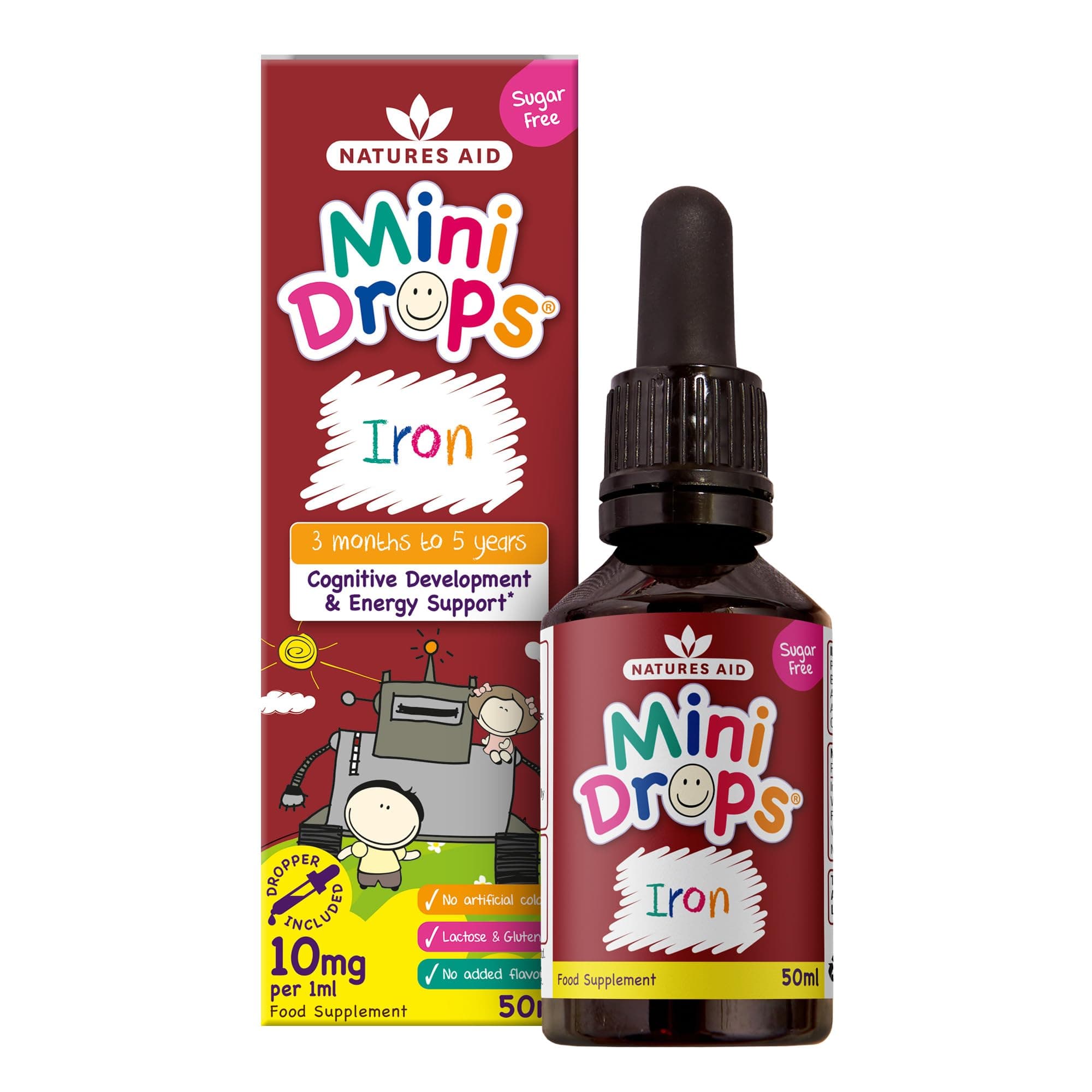 Natures Aid Mini Drops Iron for Kids 50ml – Supports Cognitive Development & Energy – Gluten & Sugar Free Vegan Non-GMO – Natural Supplement for Babies & Children Age 0-5 Years Old - Dropper Included
