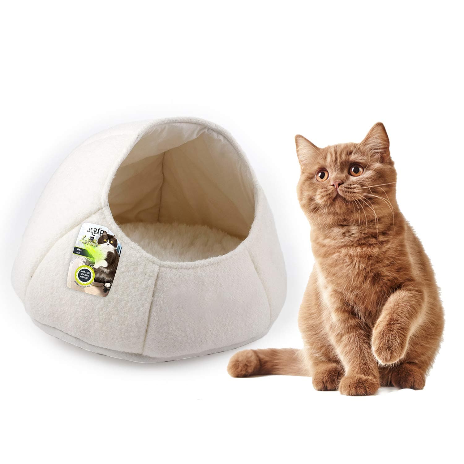 All for Paws Catzilla Cat Cave Bed, 100% Handmade Super Soft Cosy Cat Pod, White