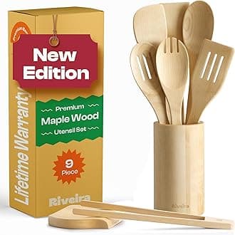 Riveira Maple Wooden Spoons for Cooking Set of 9 – Natural Maple Wooden Cooking Utensils, Wooden Spatula, Wooden Spoon - Premium Quality Utensil Set for Non-Toxic Cooking