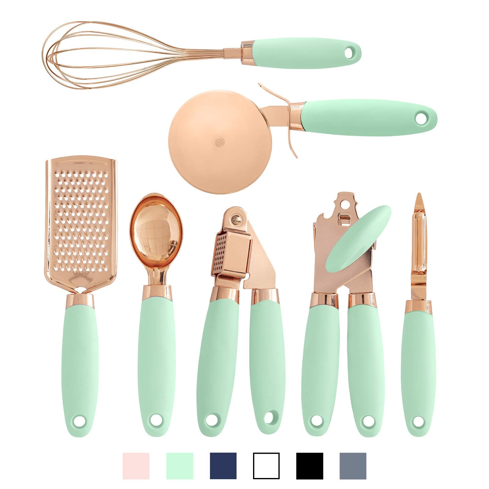 COOK With COLOR 7 Pc Kitchen Gadget Set Copper Coated Stainless Steel Utensils with Soft Touch Mint Handles