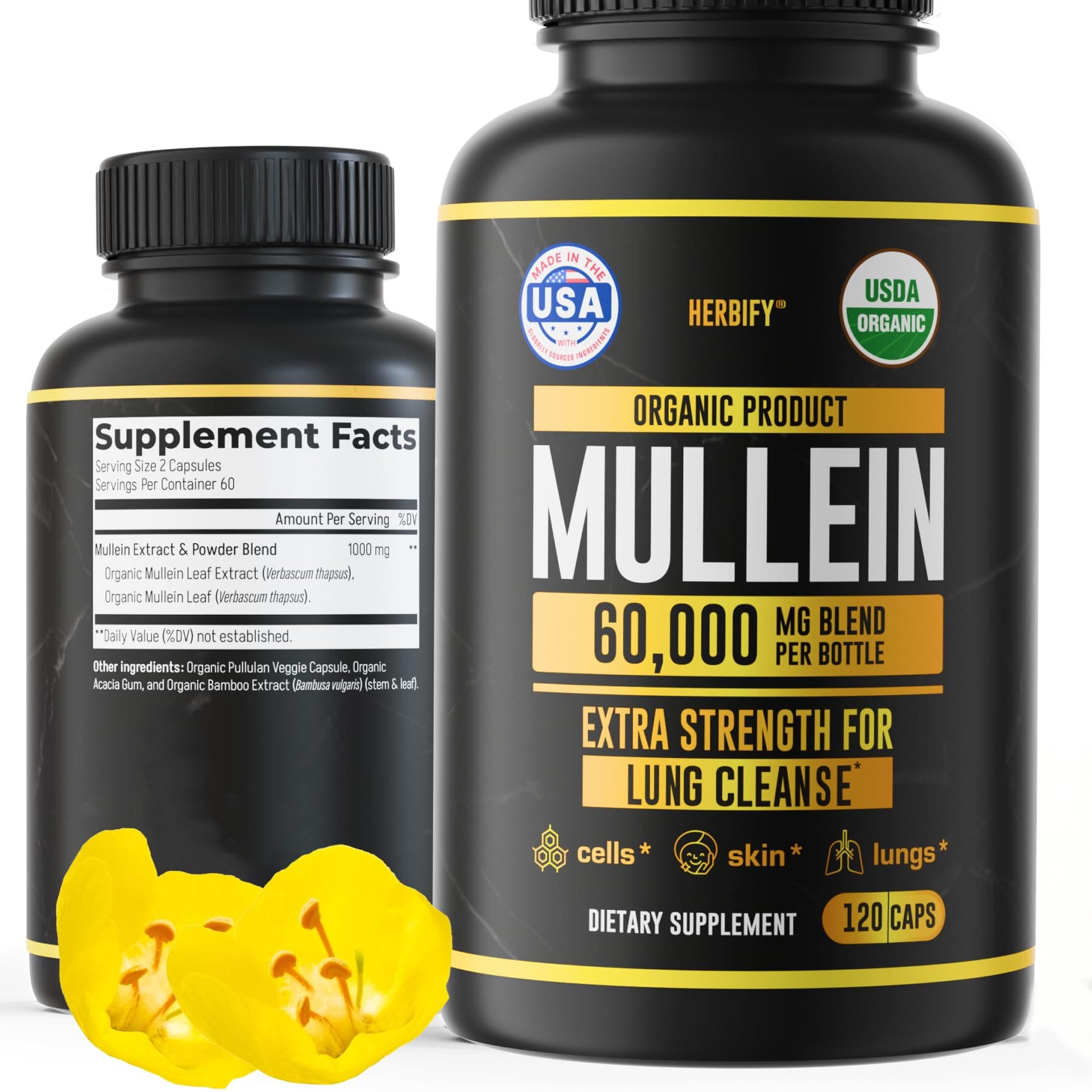 HERBIFY Mullein Capsules - Lung Cleanse - Leaf Extract - Powerful Mullein for Immune Support, Detox & Respiratory Support - Made in USA - Herbal Supplements - 120 Capsules