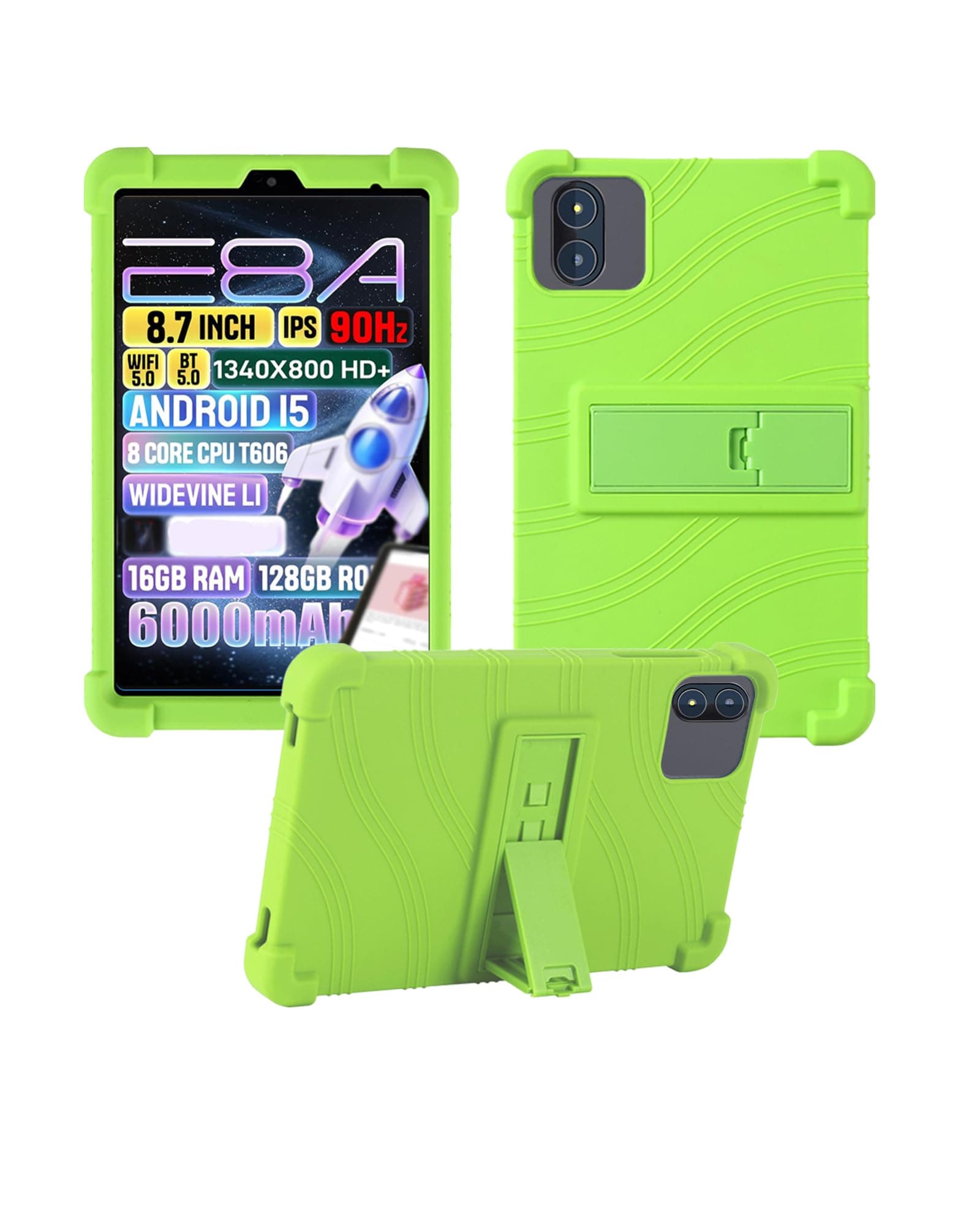 Case for Zuleisy E8A Android 15 Tablet 8.7 inch，WUNIAK Shock Proof Lightweight Stand Rubber Shell Protective Cover,Kids Friendly Soft Silicone Adjustable Stand Cover,Green