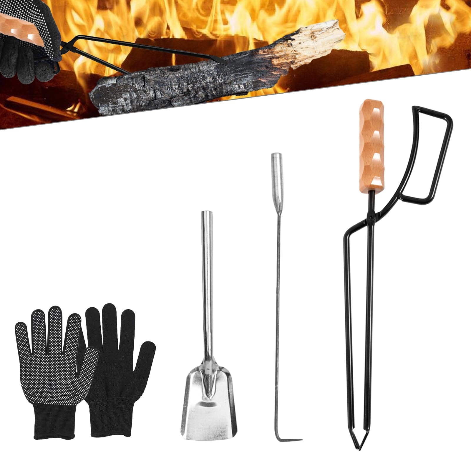 Fireplace Tool Set with Fireplace Tongs, Fire Hooks, Coal Shovel and Gloves, Heavy Fireplace Tongs with Wooden Handle, Fire Hook Coal Shovel Made of Iron, Fireplace Tool Set for Campfires and