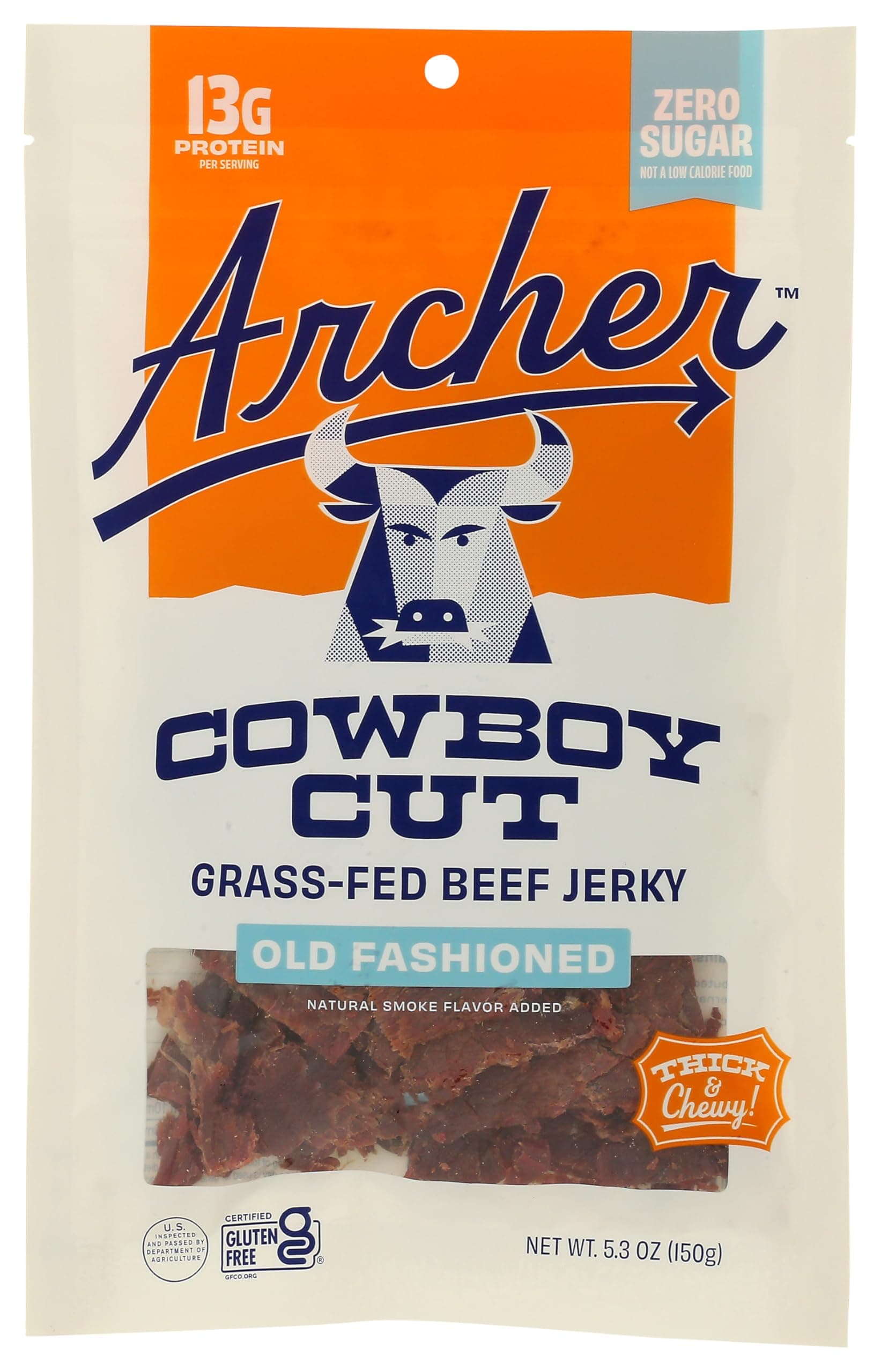 Zero Sugar Classic Beef Jerky by Country Archer, 100% Grass-Fed, Sugar Free, Gluten Free, Protein Snacks, 5.3 Ounce, 2 Pack