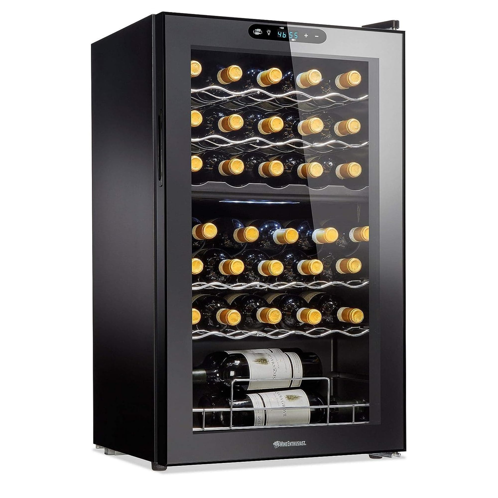 Wine Enthusiast 32-Bottle Dual Zone MAX Compressor Wine Cooler – Freestanding Mini Fridge with Digital Touchscreen, LED Display, Split Storage for Red & White Wines, Matte Black Refrigerator Home Bar