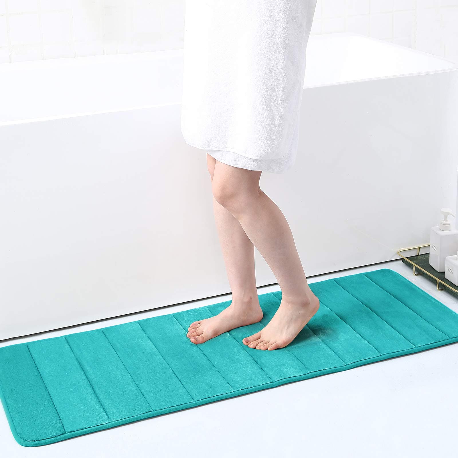 Buganda Memory Foam Bath Mat Rug, 47" x 17", Ultra Soft and Non-Slip Bathroom Rugs, Water Absorbent and Machine Washable Bath Rug Runner for Bathroom, Shower, and Tub, Teal