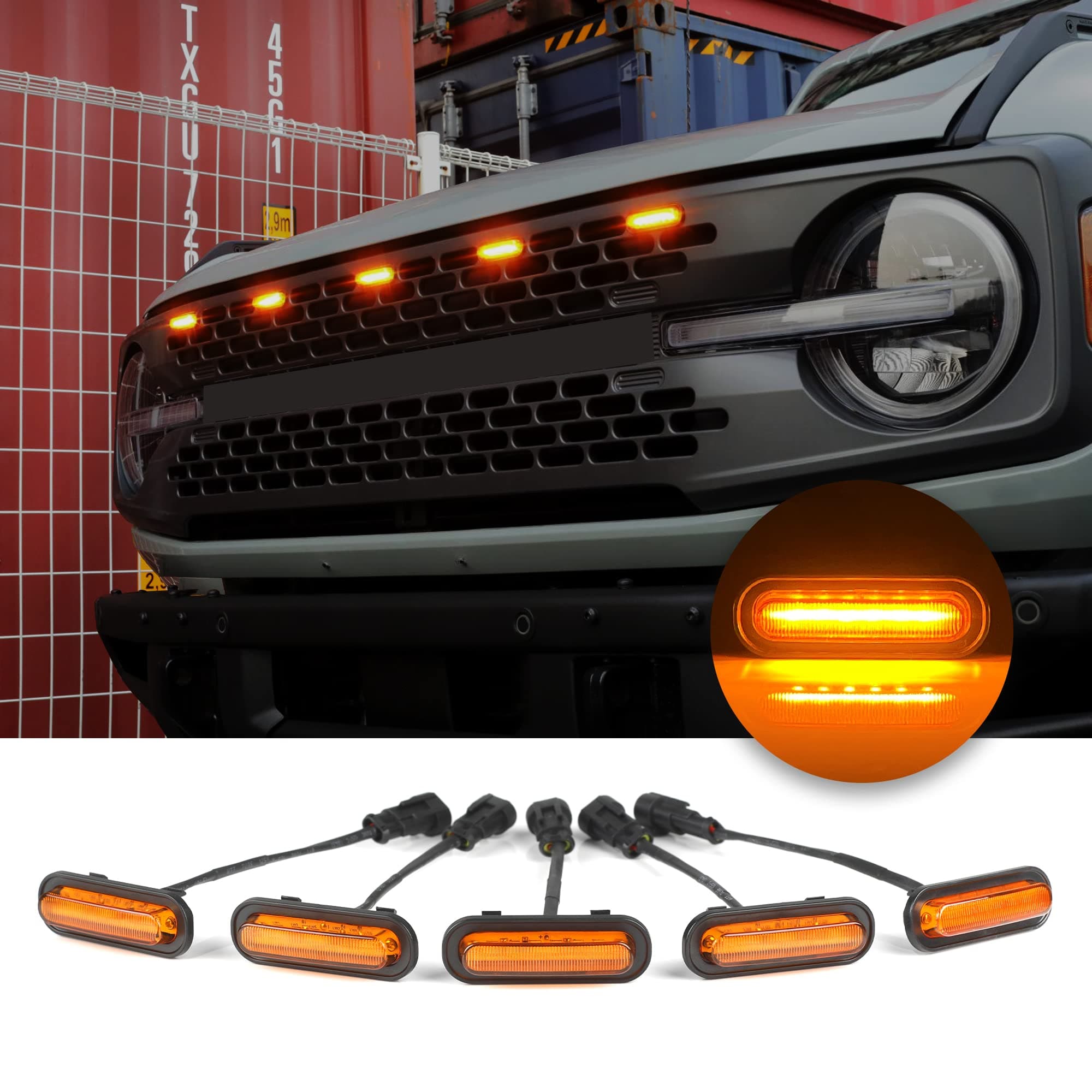5 Pcs Front LED Grill Lights Compatible with Ford Bronco Accessories 2021 2022 2023 2024 2025 2/4 Door Badlands Wildtrak Everglades & Stroppe Edition (Amber Light with Amber Shell)