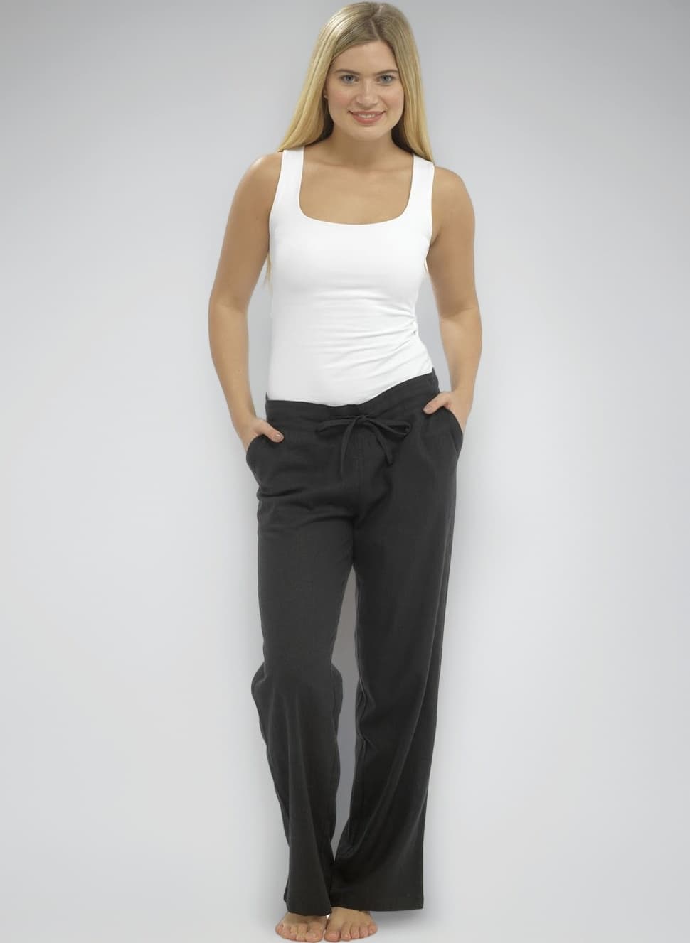 Womens Solid Colour Elasticated Waist Linen Trouser Bottoms Pants Black 16