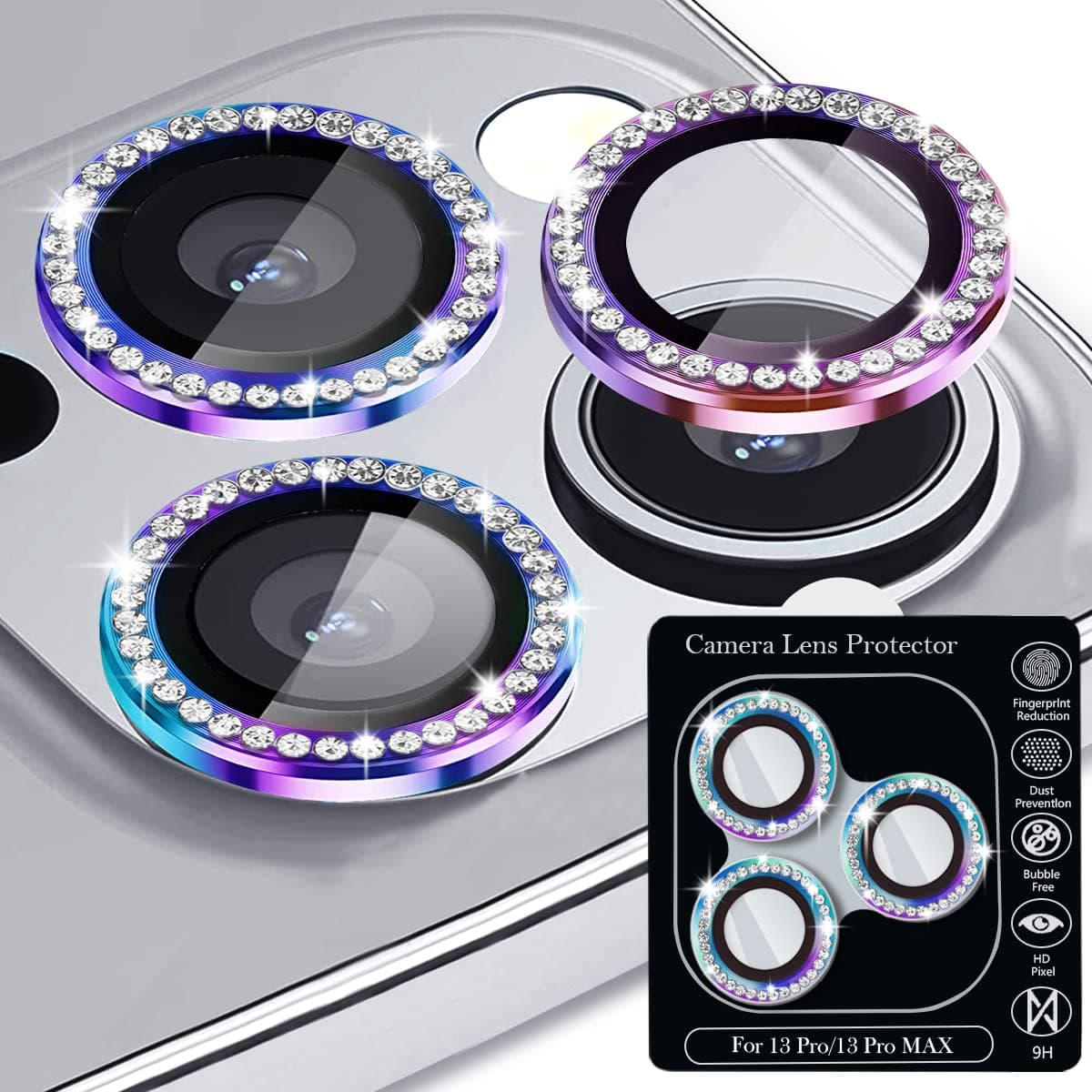 Diamond Camera Lens Protector for iPhone 13 Pro 6.1"& iPhone 13 Pro Max 6.7", Tempered Glass Camera Lens Protector Bling Ring Lens Cover for iPhone 13 Pro/iPhone 13 Pro Max (Diamond Colorful)