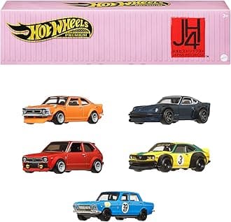 Premium Car Culture Japan Historics 4 Container Set with 5 1:64 Scale Die-Cast Cars in Collectible & Stackable Storage & Display Container, HRW84