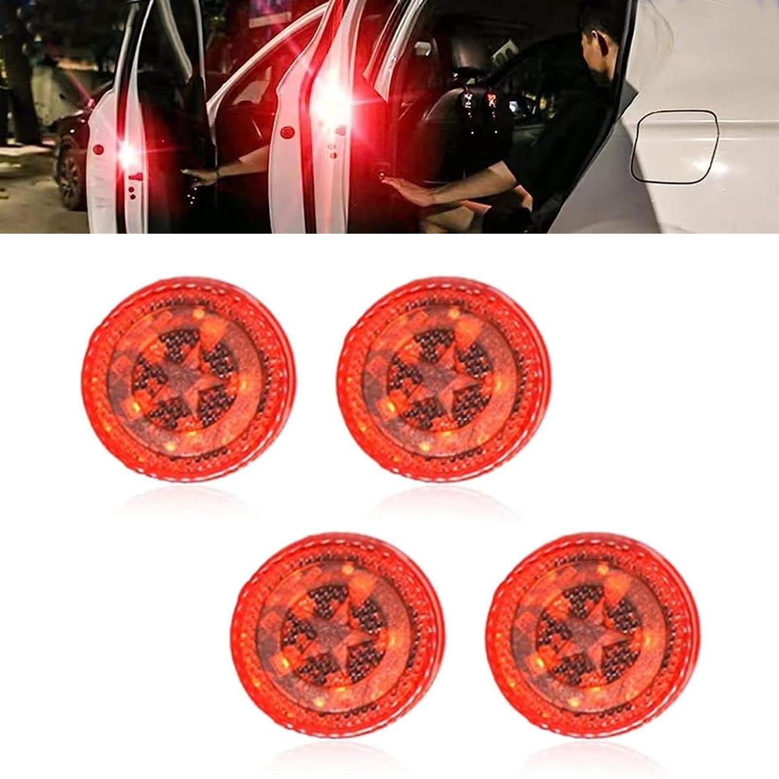 4 Pack LED Car Door Warning Light, Round Waterproof Decorative Automotive Signal Light with Adhesive, Universal Vehicle Flashing Light Replacement for Car Boat Van Truck Trailer (Red)