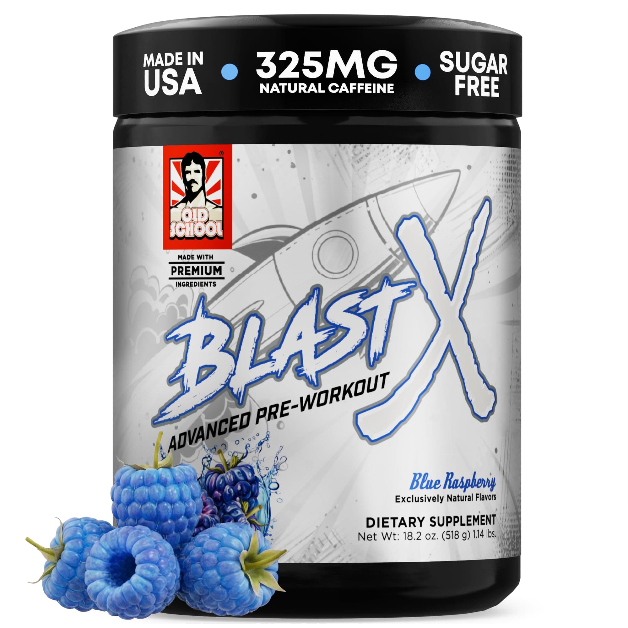 Old School Labs | Blast X Advanced Pre Workout Powder, Intense Energy Booster Preworkout for Men & Women- Blue Raspberry, 20 Servings