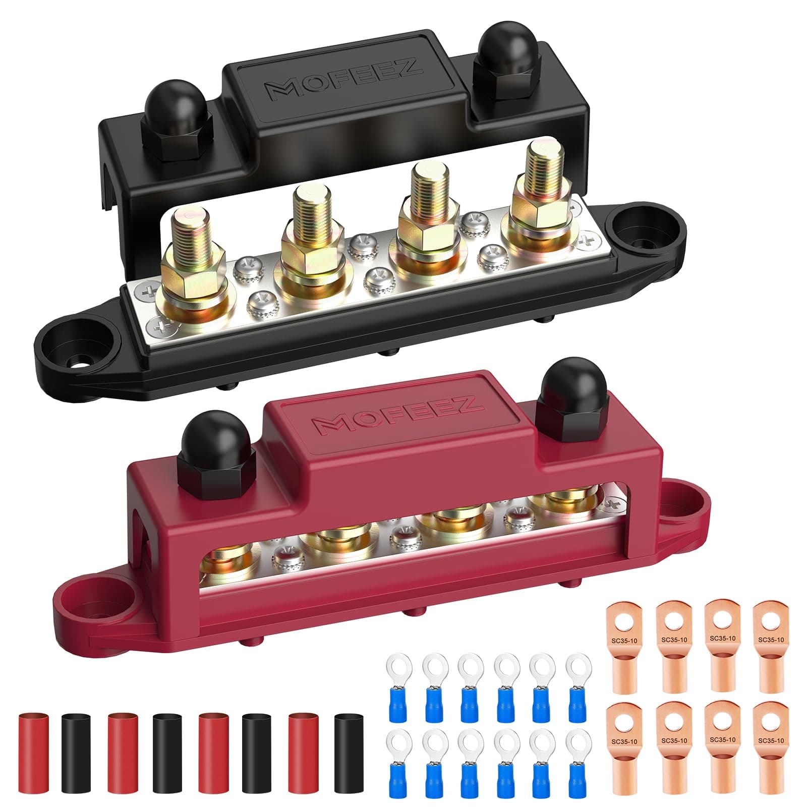 Power Distribution Block Bus Bar, 4 x 5/16" Post Marine Bus Bar Battery Busbar Terminal Block with Cover, Lugs, Ring Terminals (Pair, Red & Black)
