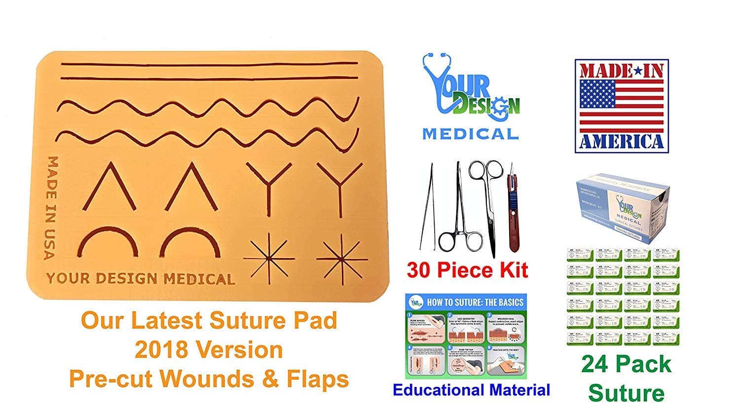 Suturing Training Kit with 24 Sutures Plus Practice Accessories Tools and Educational Instructions