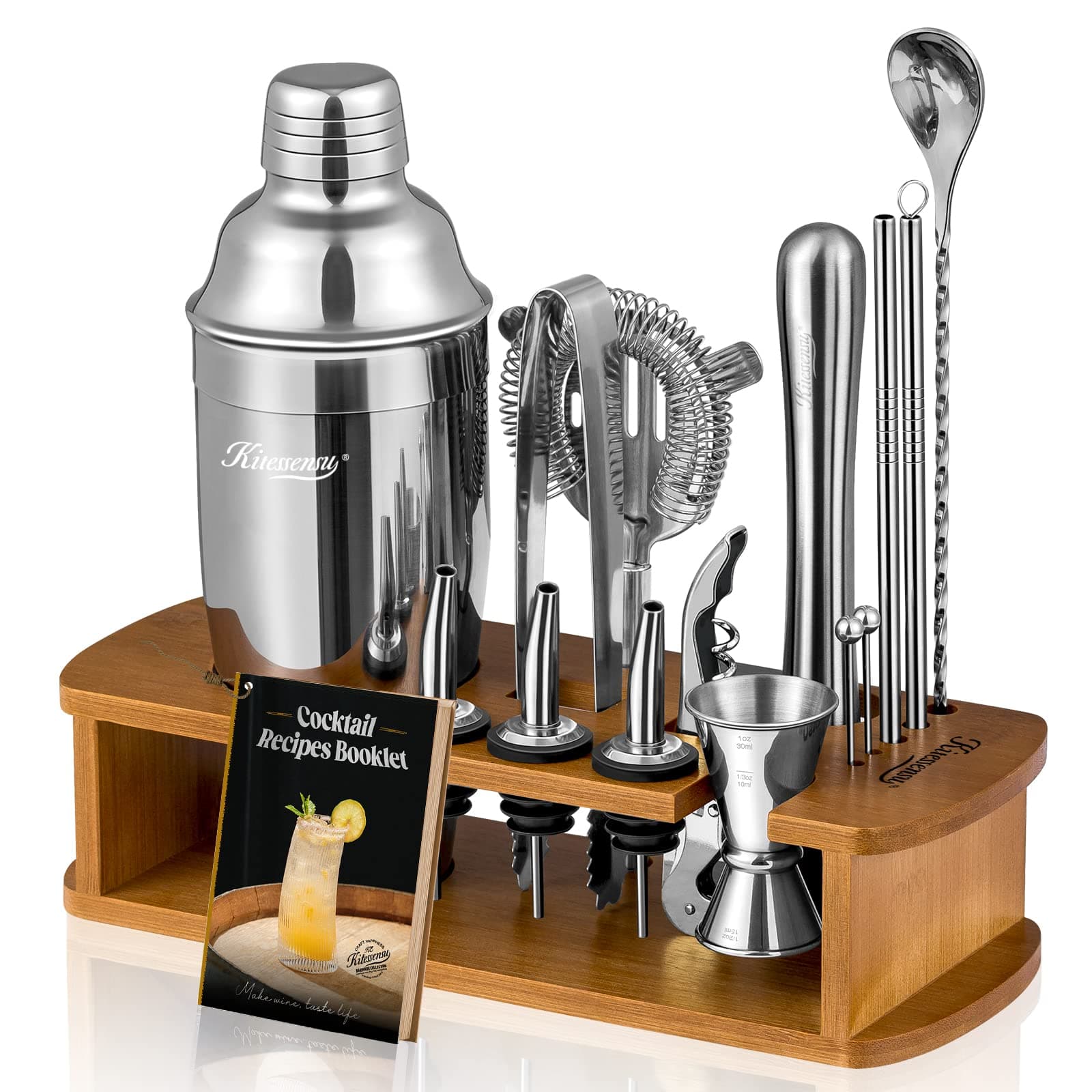 Cocktail Shaker Set Bartender Kit with Stand | Bar Set Drink Mixer Set with All Essential Accessory Tools: Martini Shaker, Jigger, Strainer, Mixer Spoon, Muddler, Liquor Pourers |Silver