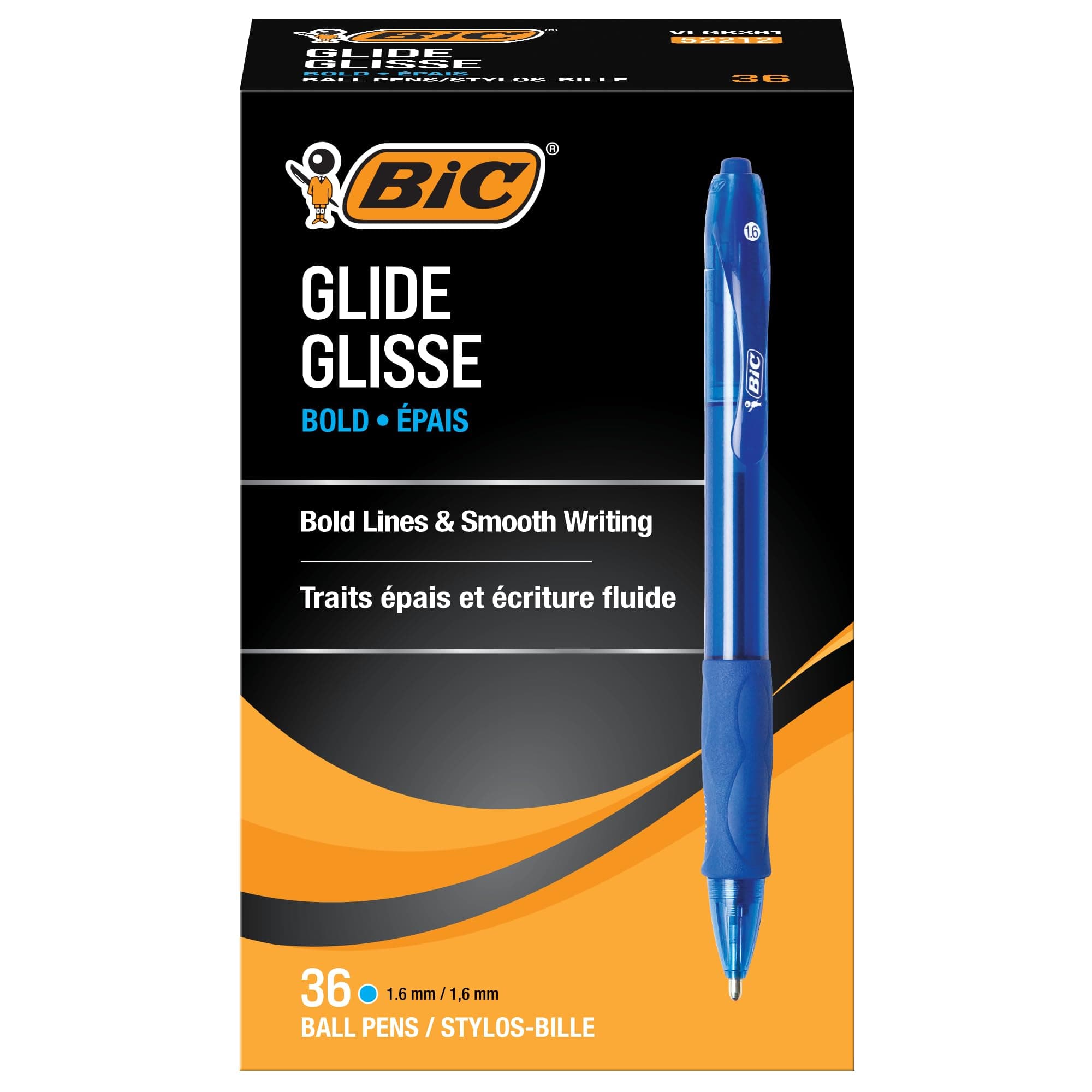 BIC Glide Bold Blue Ballpoint Pens, Bold Point (1.6mm), 36-Count Pack, Retractable Ballpoint Pens With Comfortable Full Grip