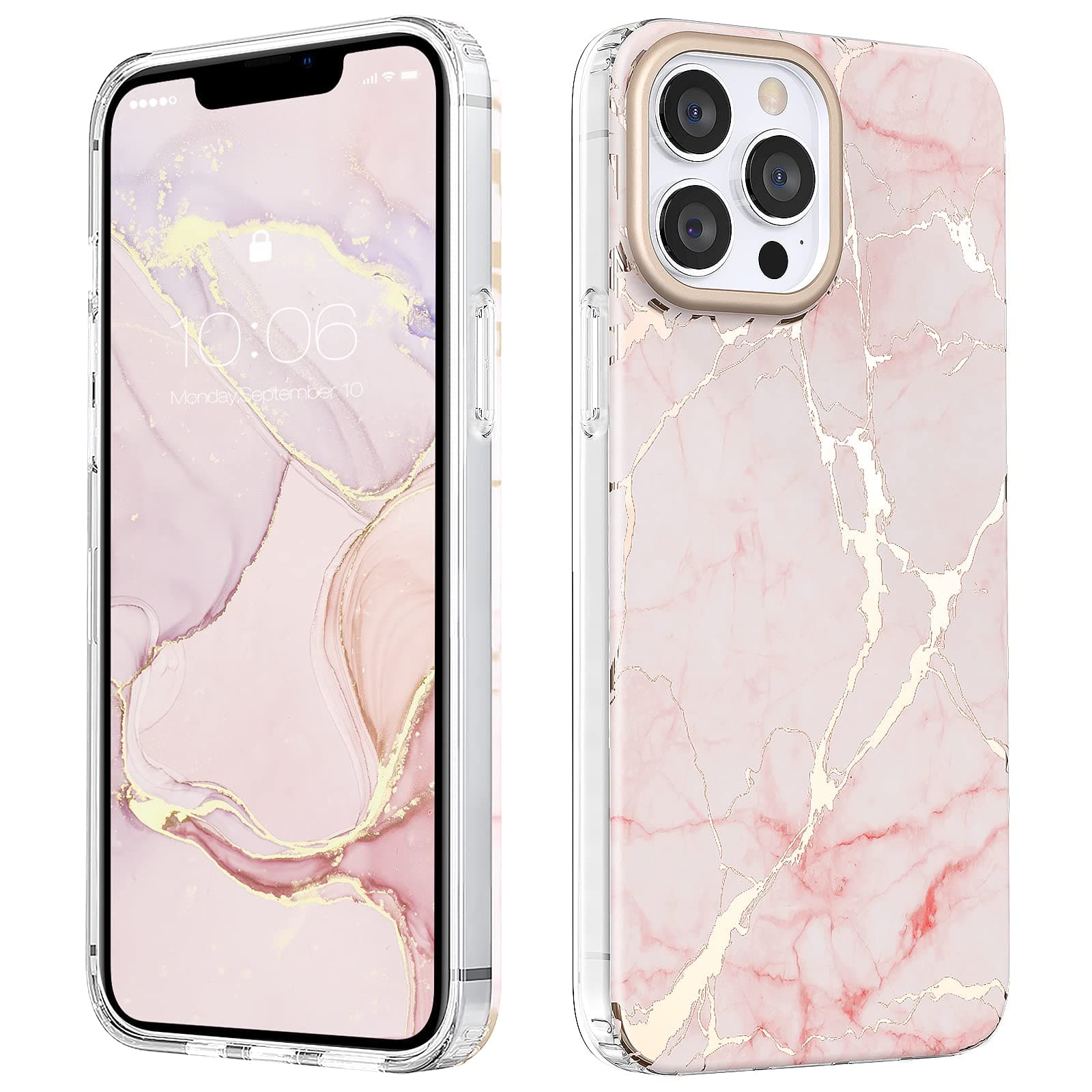 MATEPROX Compatible with iPhone 13 Pro Max Case, Marble Shining Slim Hard PC Stylish Geometric Protective Cover Shockproof Skin Cases for iPhone 13 Pro Max 6.7'' 2021-Frosted Pink