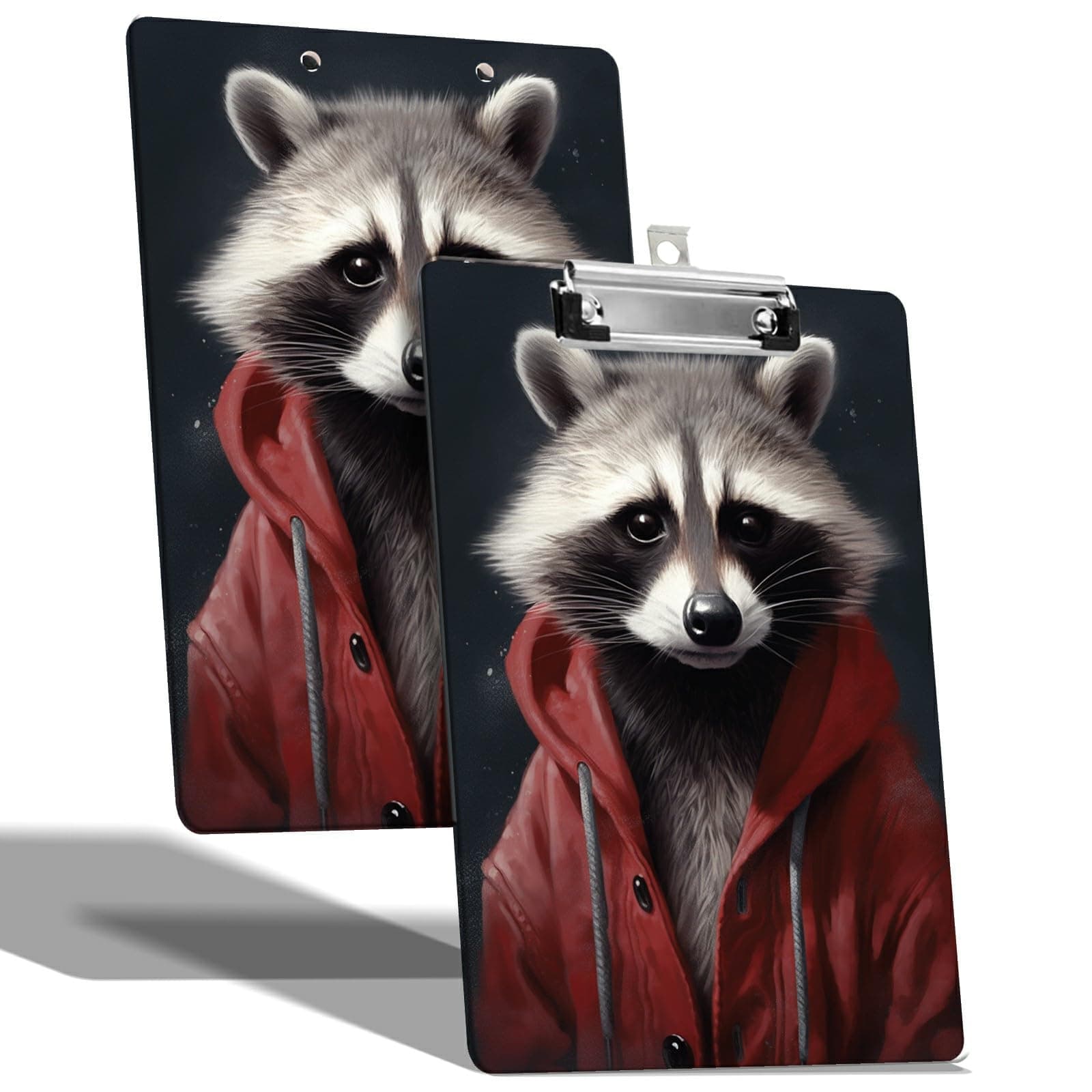 A4 Size Clipboard with Hanging Hook and Low Profile Clip, Plastic Nurse Clipboard Writing Drawing Board with Double-Side Funny Raccoon Print for Woman Kids Office School Use