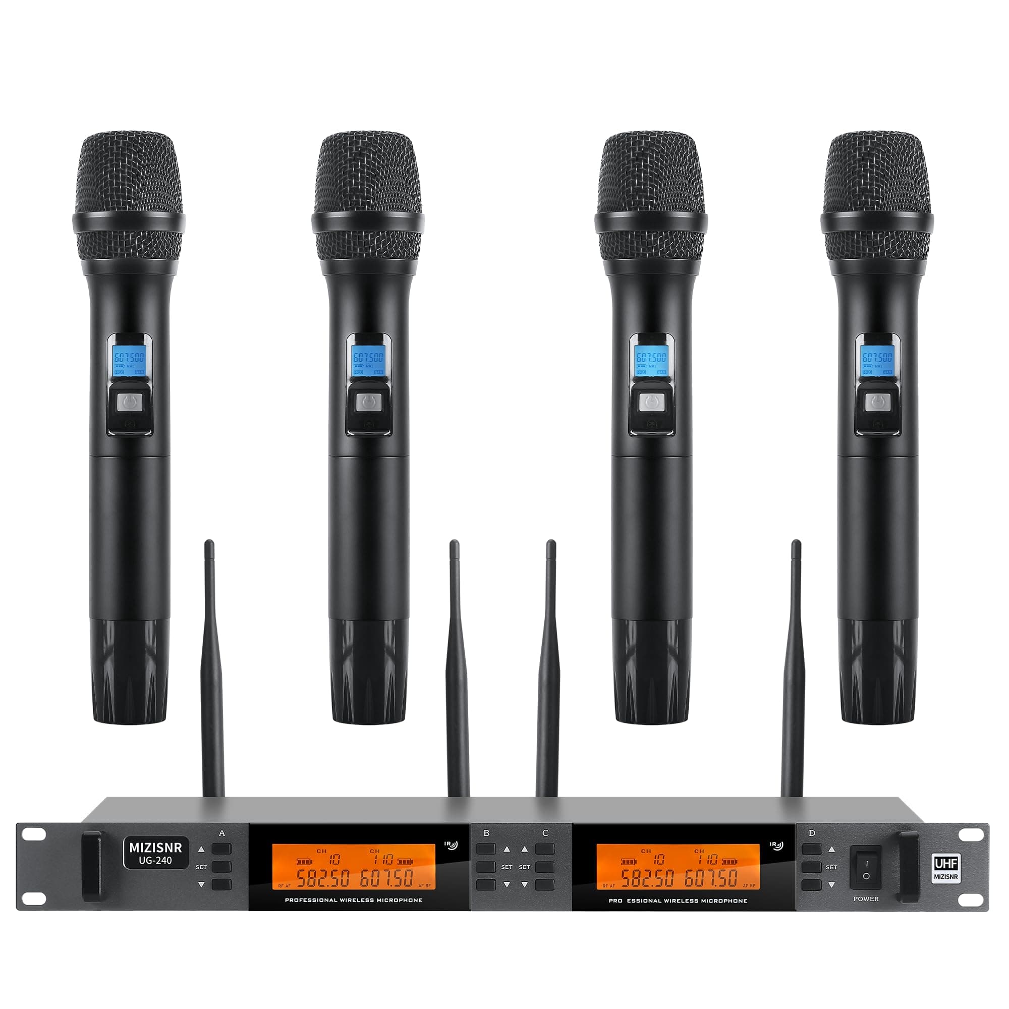 Wireless Microphone System 4 Channel, UHF Metal Cordless Handheld Mics Set - 200 Adjustable Frequencies, Auto Scan & Memory Function, 300ft Range, Ideal for Karaoke Church Wedding（UG-240