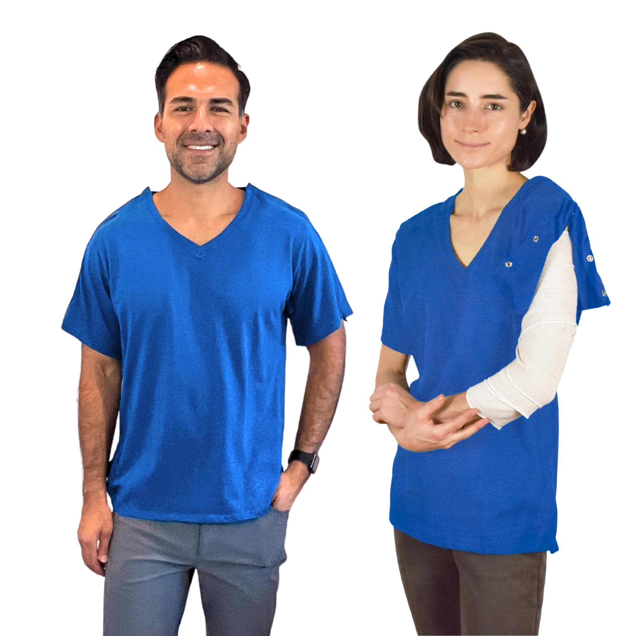 Inspired ComfortsPost Surgery Shirt with Discreet Left & Right Side Snap Access, Blue, Medium