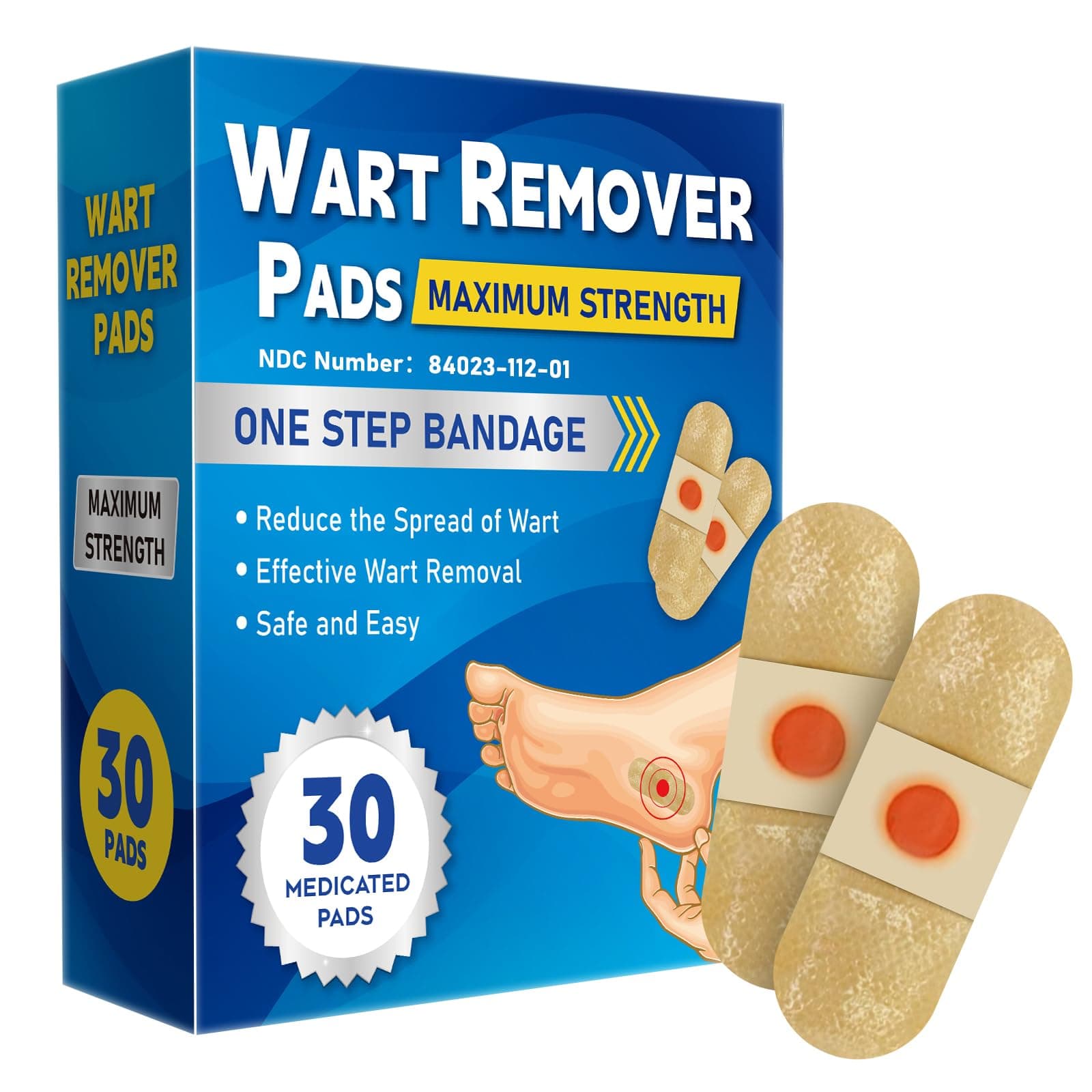 Wart Remover Pads, Maximum Strength One Step Bandages for Hands Neck Feet Fingers, Safe Effective for Men and Women, 30 Pads