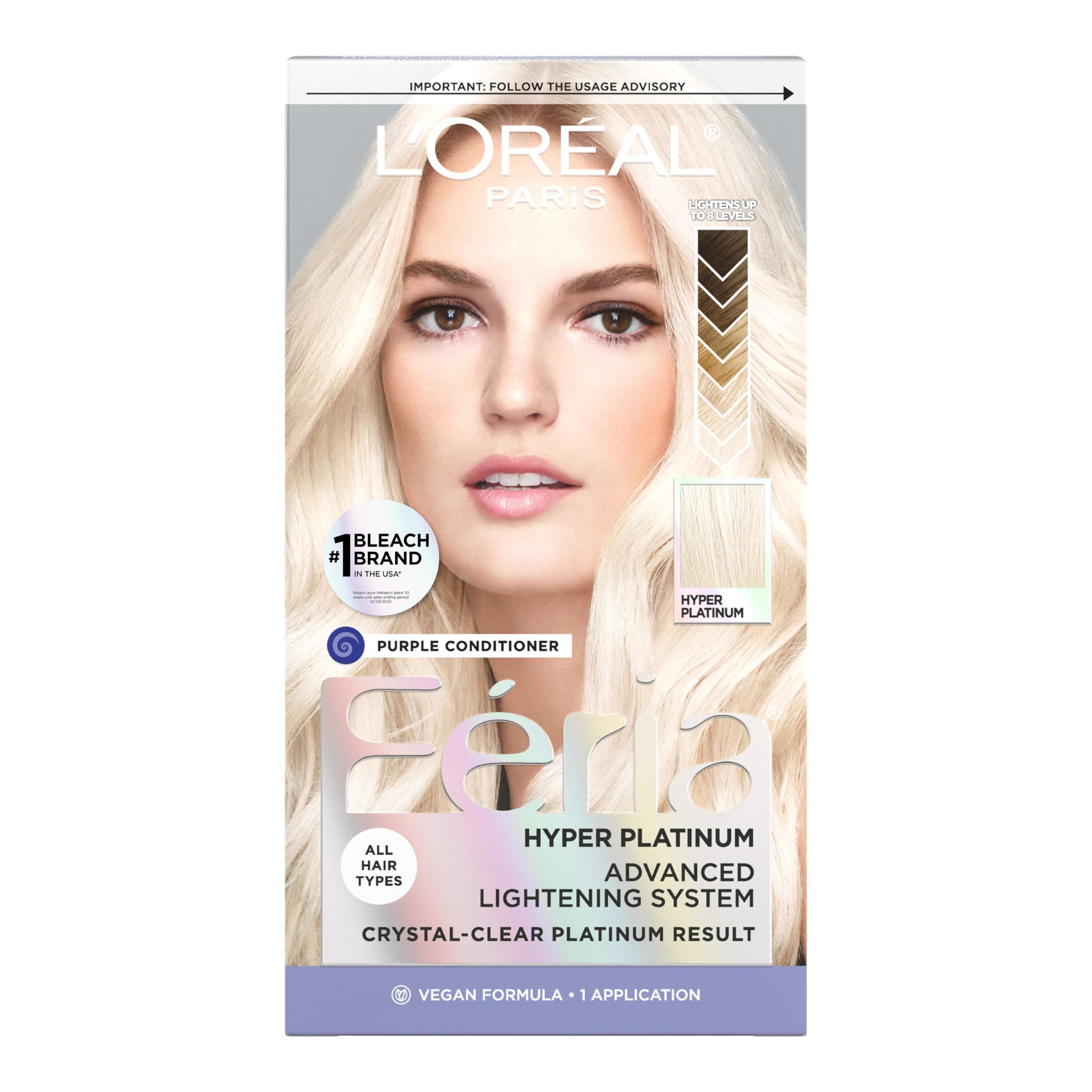 Feria Hyper Platinum Advanced Lightening System Hair Bleach, Lifts Up To 8 Levels, Includes Anti Brass Purple Conditioner, 1 Hair Dye Kit