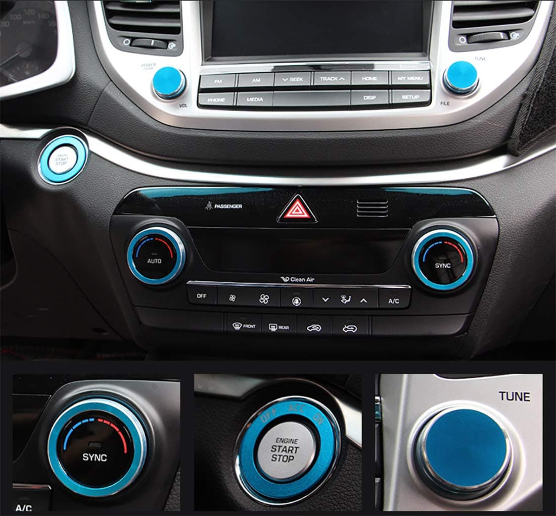 Car Air Conditioning Knob,Engine Start Stop Button Cover Navigation Volume Knob Cover Trim Full Set 5pcs 2015 2016 2017 2018(Blue)