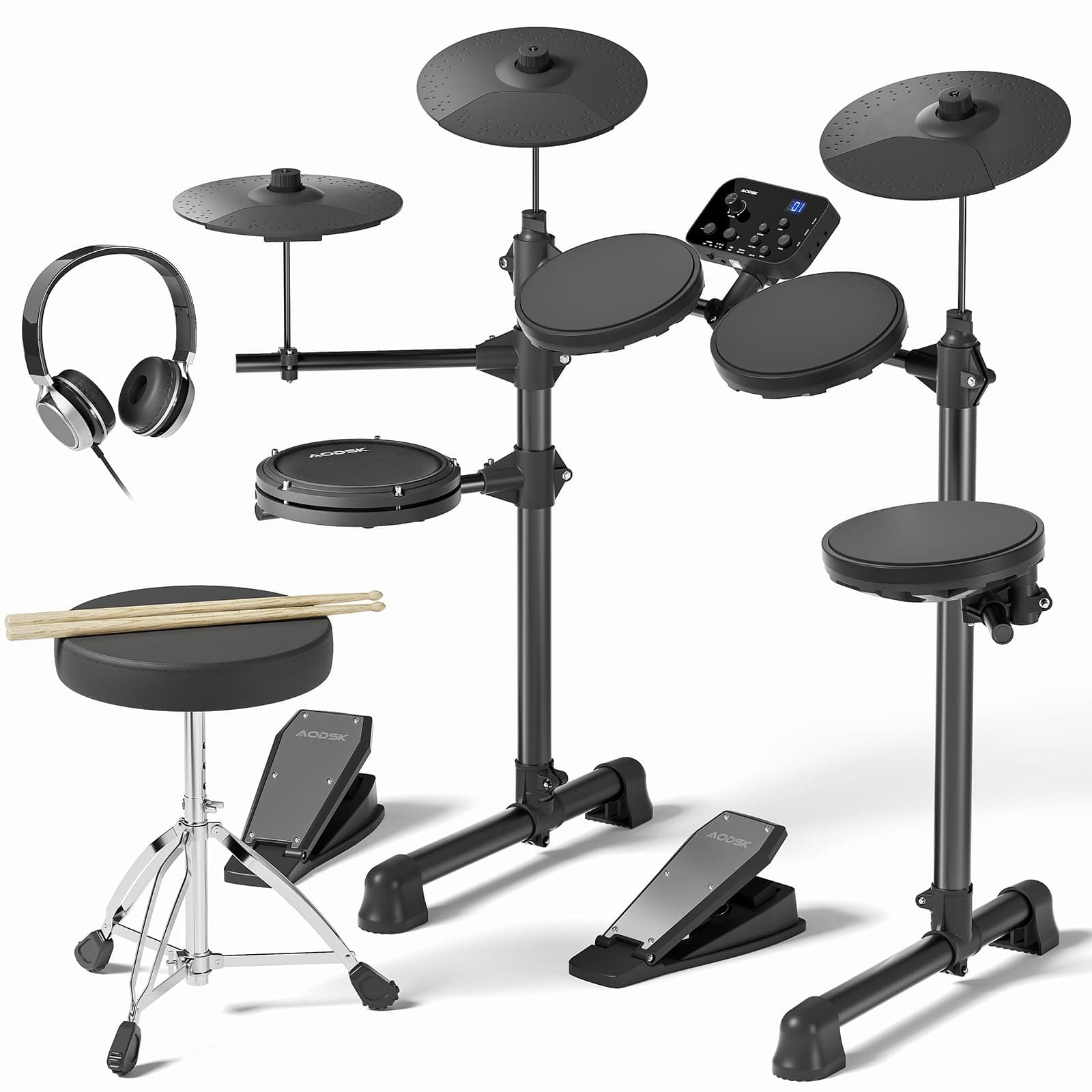 AODSK Electric Drum Set for Beginner with 150 Sounds,4 Quiet Drum Pads,2 Pedal,Throne,Sticks,Electronic Drum with Headphone,AED-400