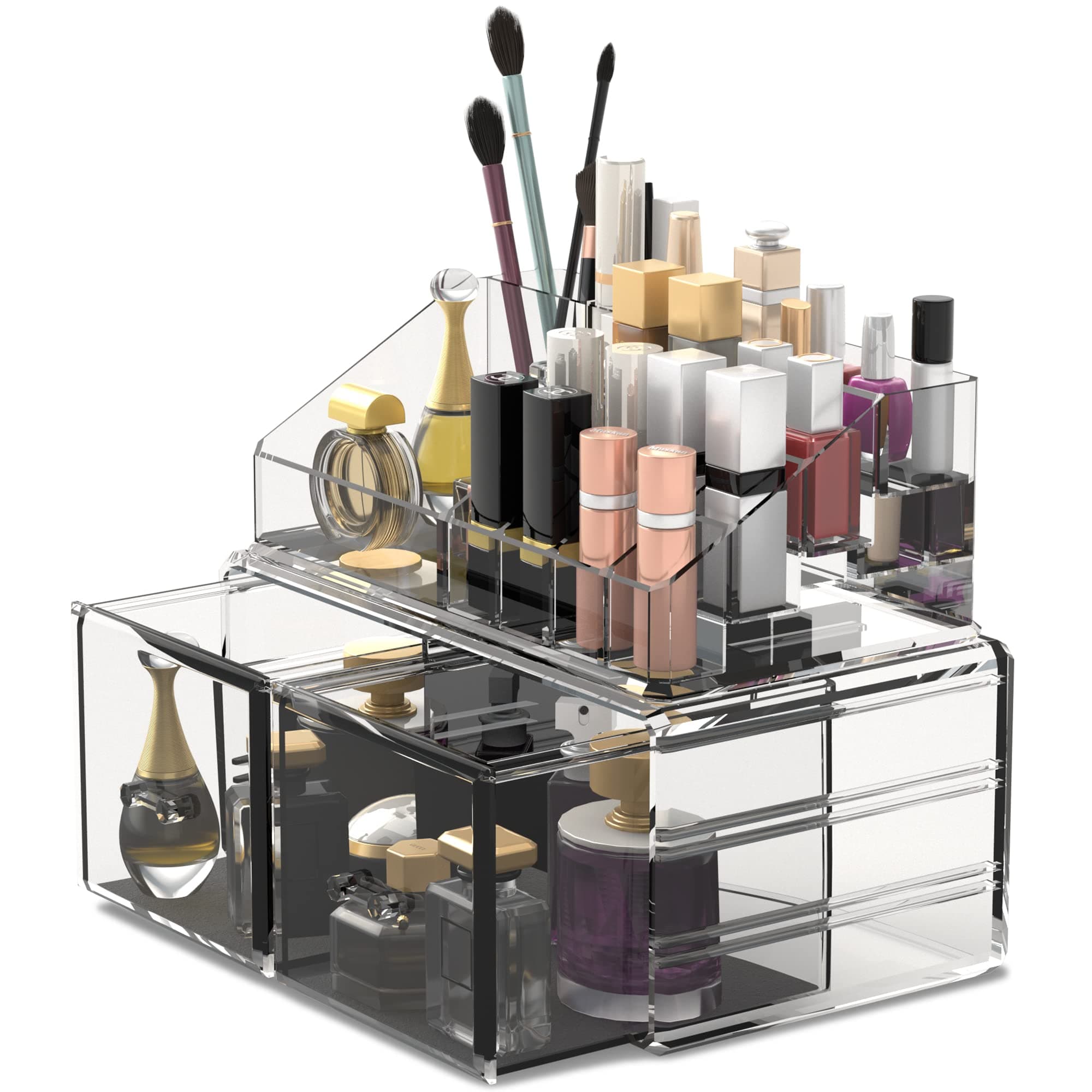 READAEER Makeup Organizer 2 Pieces Cosmetic Storage Case with 2 Large Drawers (Clear)