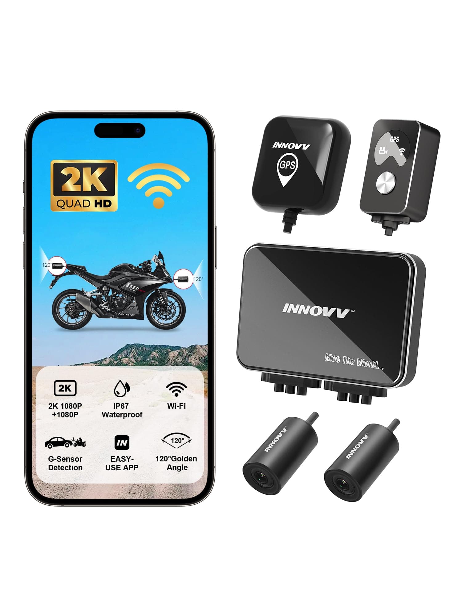 K7 Motorcycle Dash Cam Front and Rear with EIS Anti-Shake 2K + 2K@30FPS or 1080P + 1080P@60 FPS Motorbike Camera, GPS, Wi-Fi, 24Hrs G-Sensor, Waterproof Motorcycle Camera Support 512 GB Max