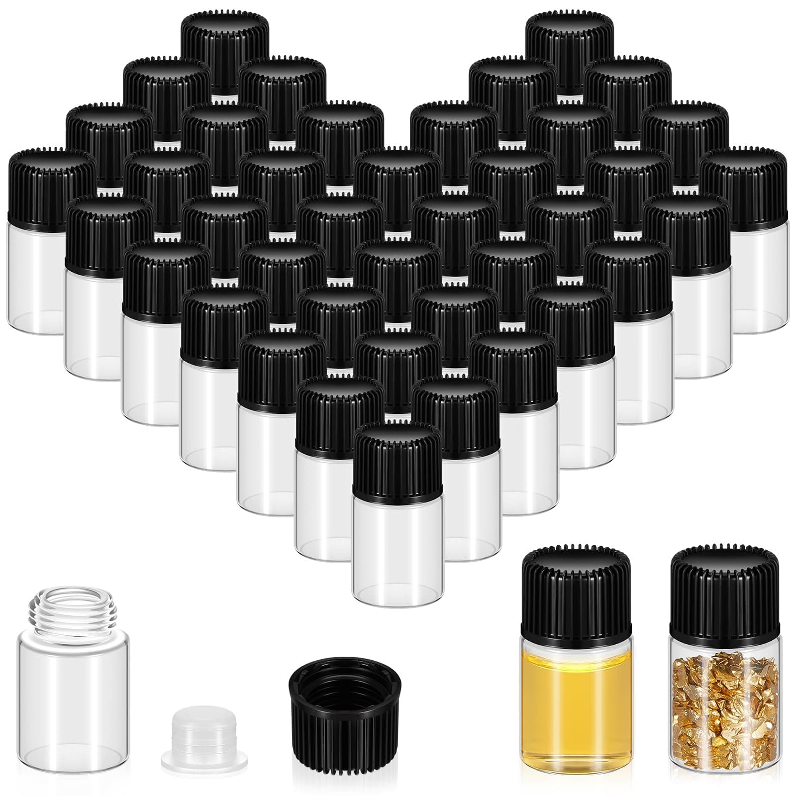 TERRIFI Clear Glass Sample Vials For Essential Oils, 50 Pack Clear Glass Vial with Screw Caps and Plastic Stopper Leakproof, 2ml