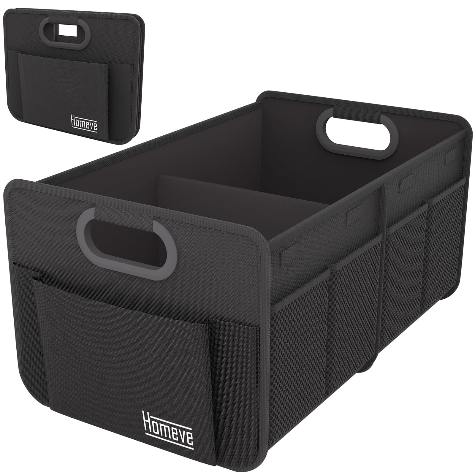 Homeve Trunk Organizer, Car Storage, Reinforced Handles, Collapsible Multi-Compartment, Foldable, Waterproof, Sturdy, 600D Oxford Polyester For Car, SUV, Mini-Van, Black, 2 Compart-Small