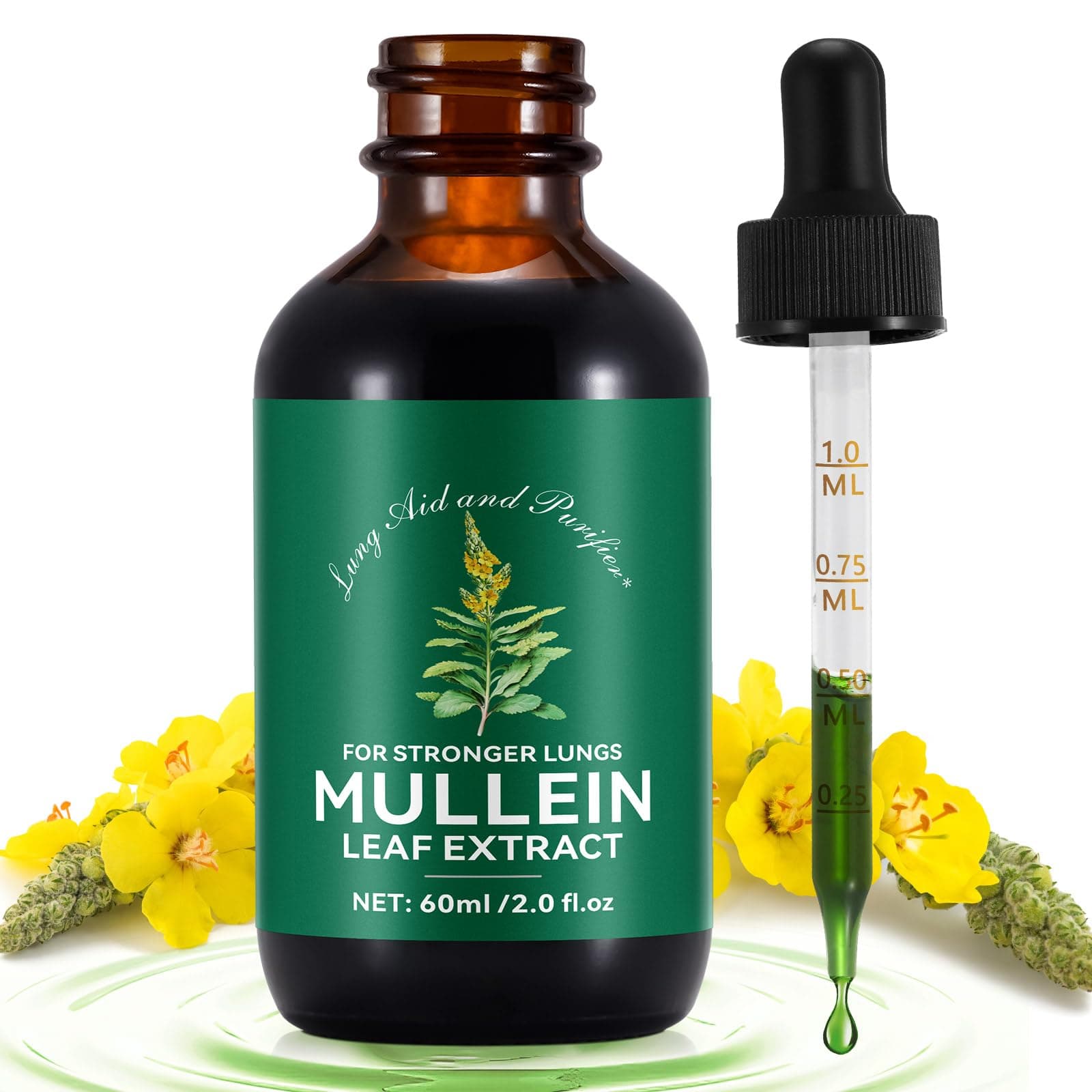 Mullein Drops for Lungs 2 Fl Oz, Natural Mullein Leaf Drops, Fast Absorption Liquid Mullein Extract Supplement, Lung Cleanse, 1 Month Supply