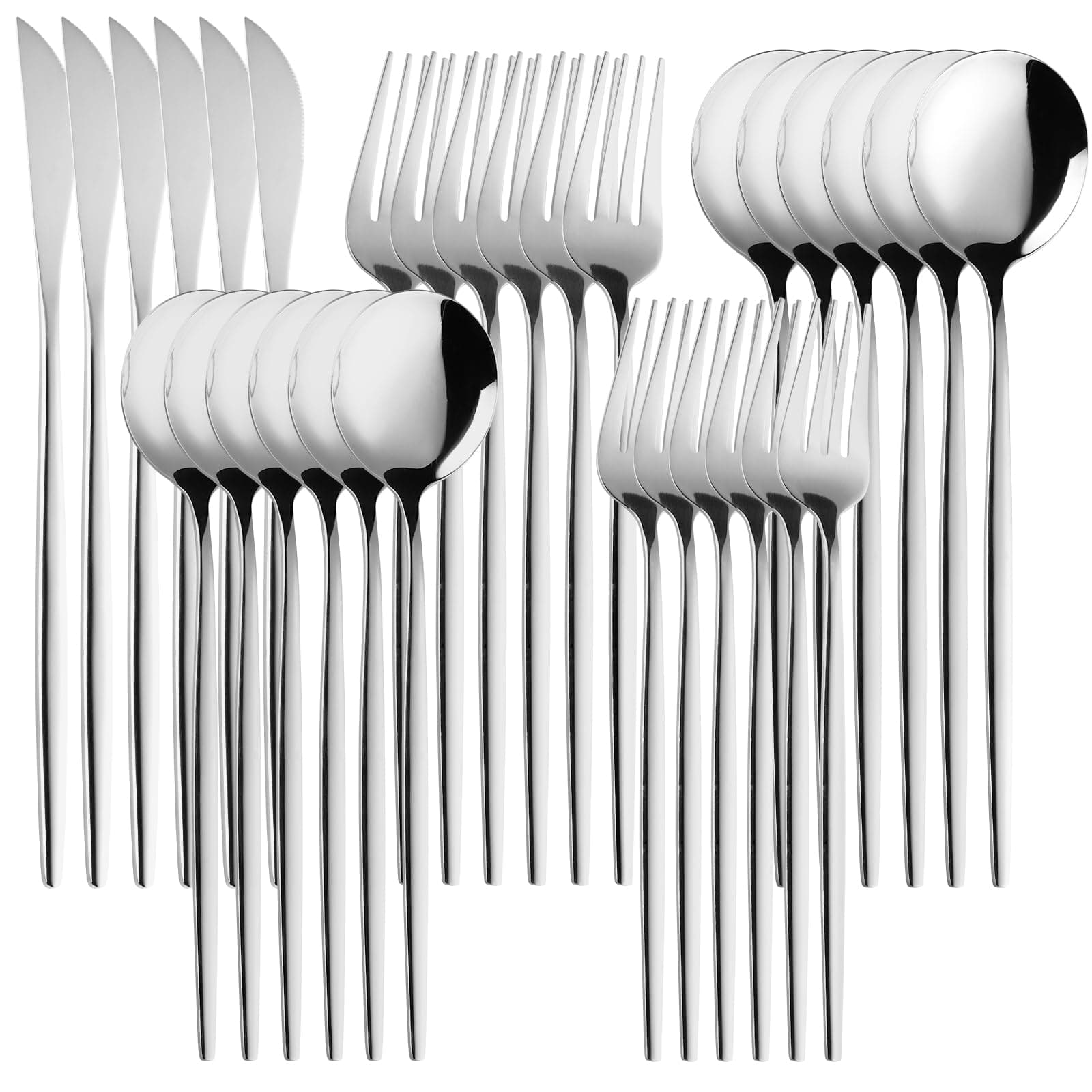 30-Pieces Silver Flatware Set, Silverware Set for 6,Tableware Fine Dining Utensil Set Include Knives Forks and Spoons,Circular Fine Handle Cutlery Decorate Wedding Mirror Polished,Dishwasher