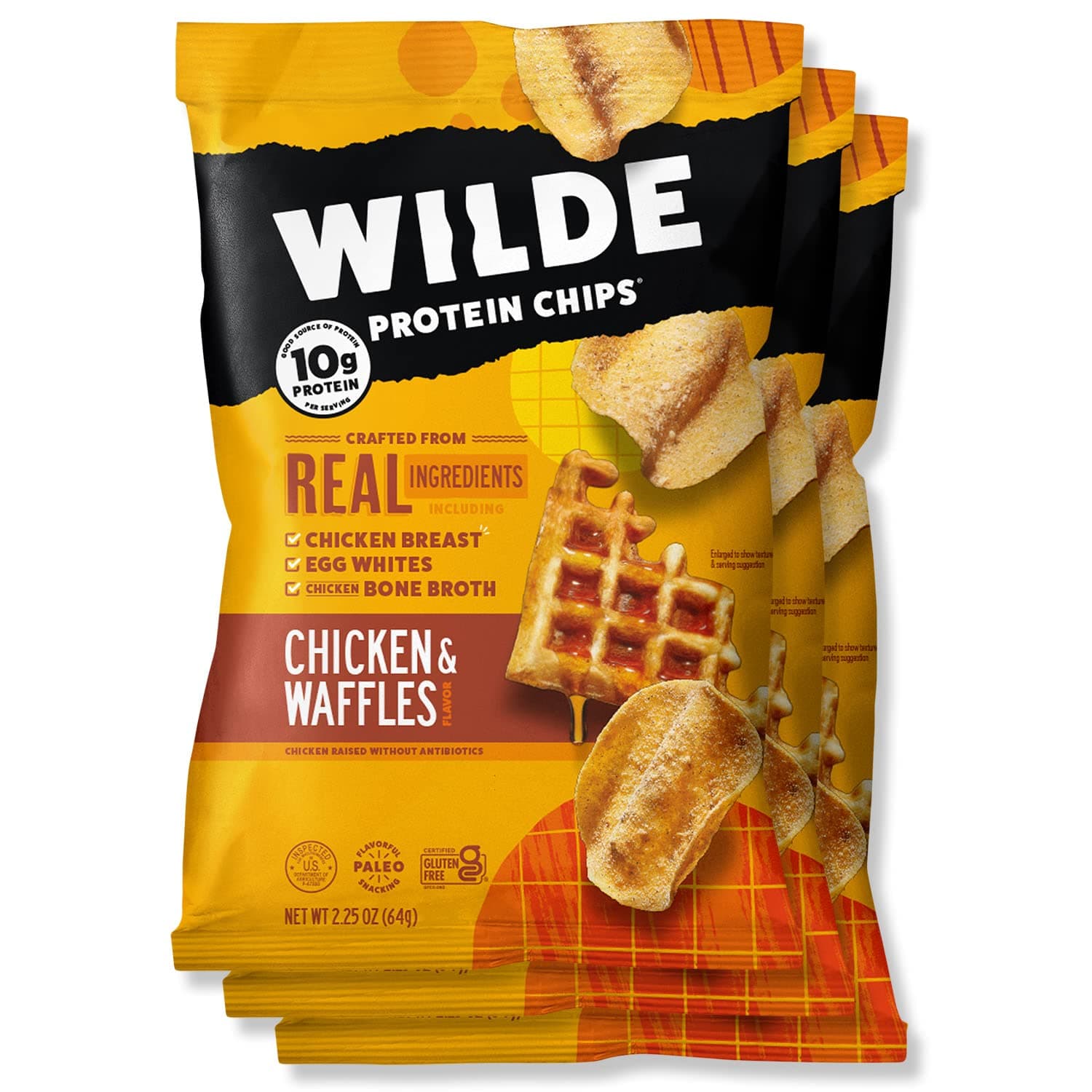 WILDE Chicken & Waffles Protein Chips, Thin and Crispy, High Protein, Keto, Made with Real Ingredients, 2.25oz Bags (Pack of 3)…