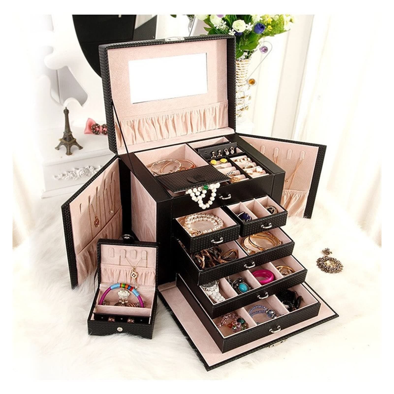 Classical Style Large Capacity Five Layers Super luxury Big Butterfly Leather Jewelry Box Cosmetic Box Jewel Storage Box (Color : A Red)