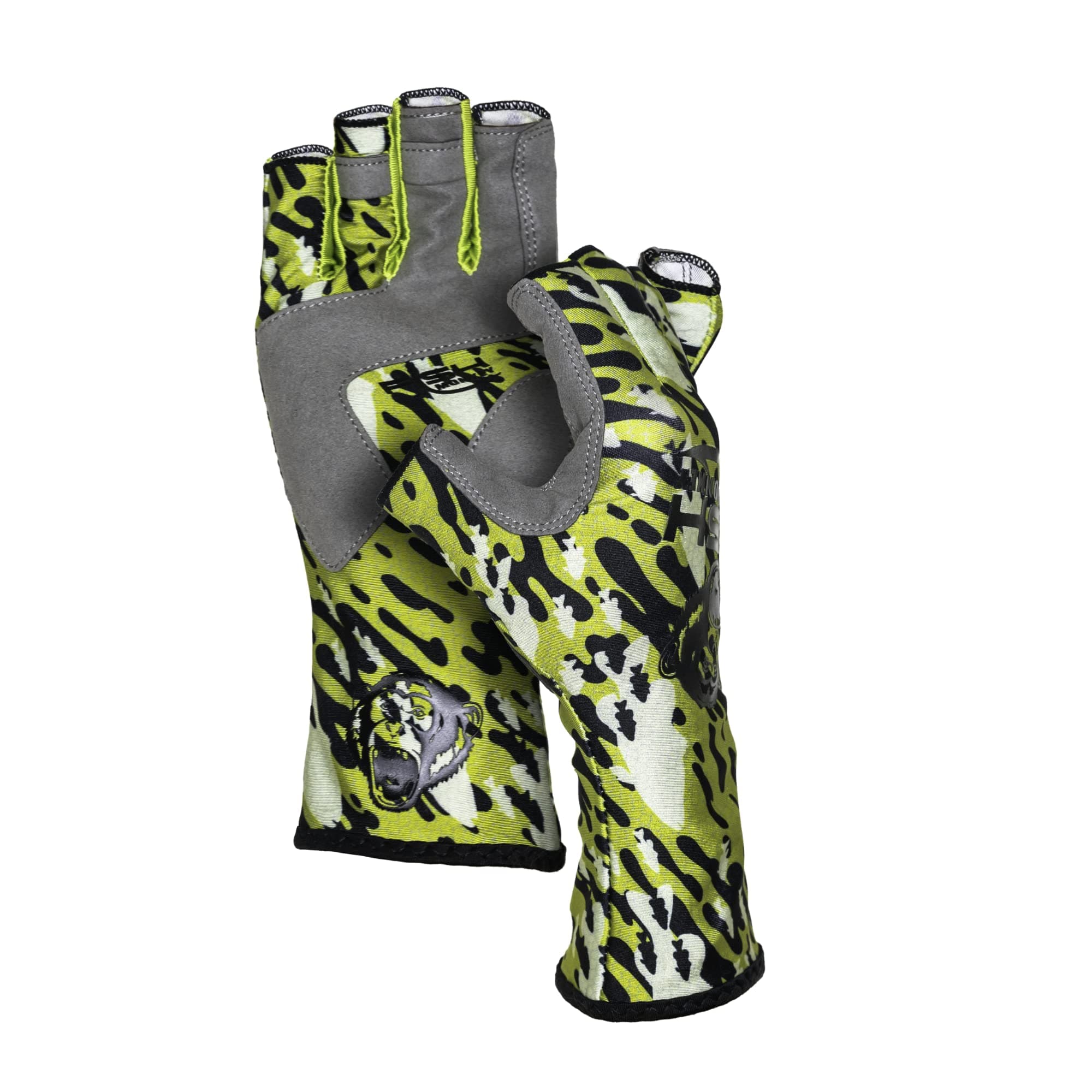 Fish MonkeySPF 50+ Four Way Stretch Quick Dry Breathable Half Finger Second Skin Fit Fishing Guide Gloves Superior Non Slip Grip for Men and Women (School N' Bass - Large)