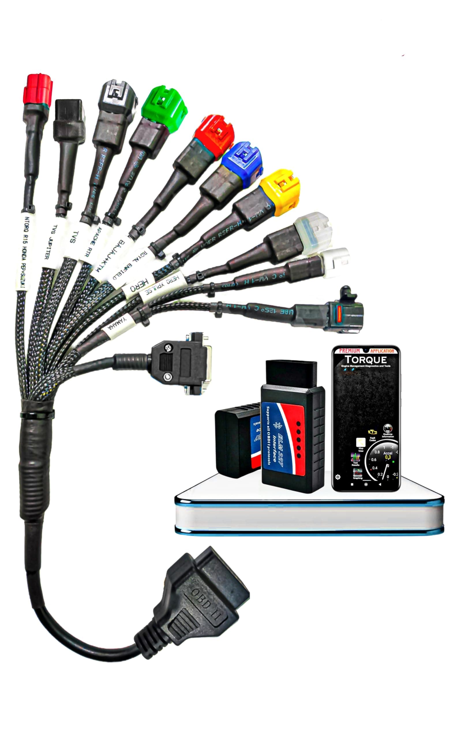 DANLITE TOOLS TECHNICIAN BS6-BS7 Bike Scanning Cable with Black OBD-II Scanner with Multi Colors Cable [11 Coplar] Connectivity Free Application