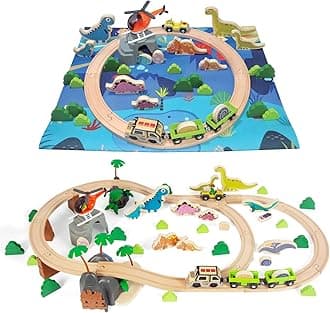 WoodenEdu80Pcs Wooden Train Set, Dinosaur Wooden Train Track Set, Wood Toy Train Set for Toddlers 2-4, Train Toys for Toddlers 3-5, Fits Thomas, Fits Brio, Fits Melissa and Doug