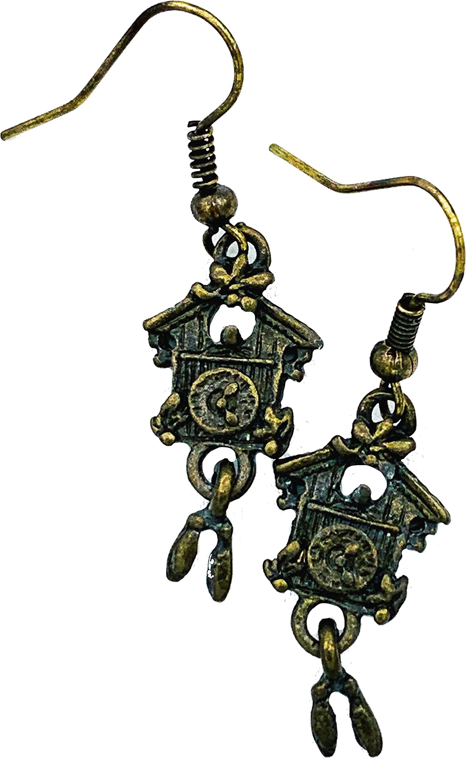 Cuckoo Clock Dangle Earrings Antique Gold Plated
