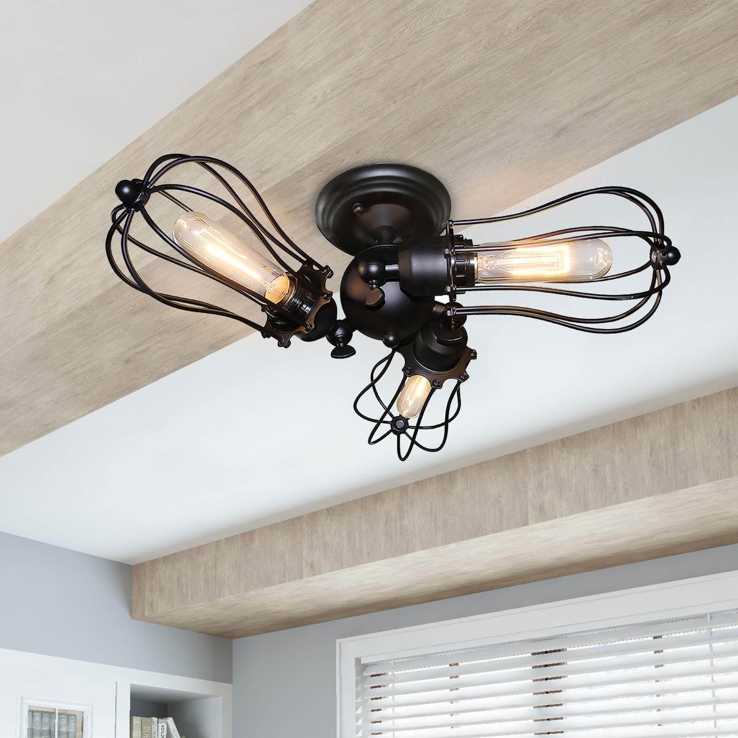 LALUZ Industrial Close to Ceiling Light, Rotatable 3-Light Wire Cage Semi Flush Mount Ceiling Fixture for Bedroom, Dining Room, Living Room, A03164