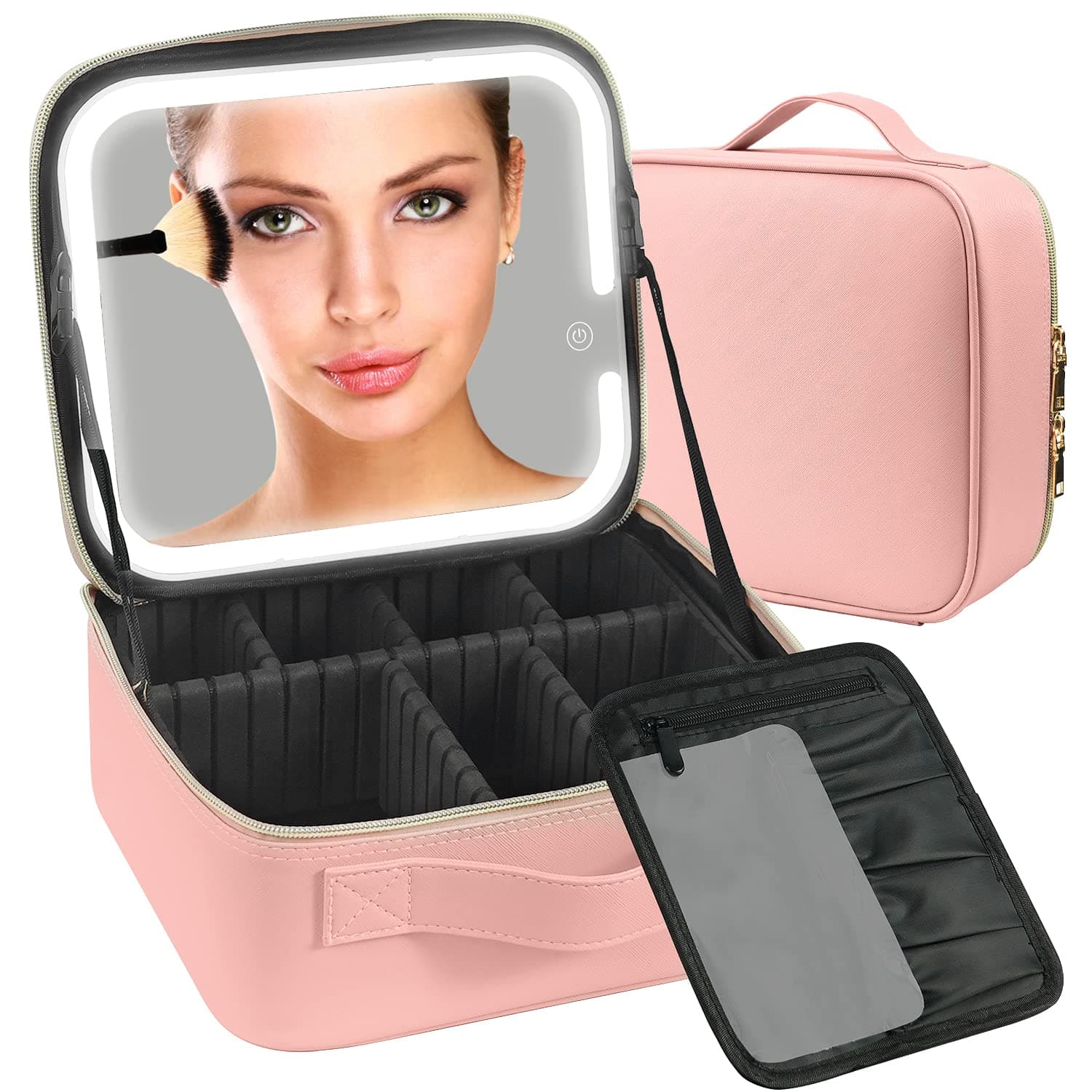 Makeup Case with Lighted Mirror 3 Color Setting,Travel Makeup Bag with Led Mirror with Adjustable Divider,Light Up Makeup Bag Cosmetic Organizer for Makeup Brush,Makeup Accessories,Tools Case,Women