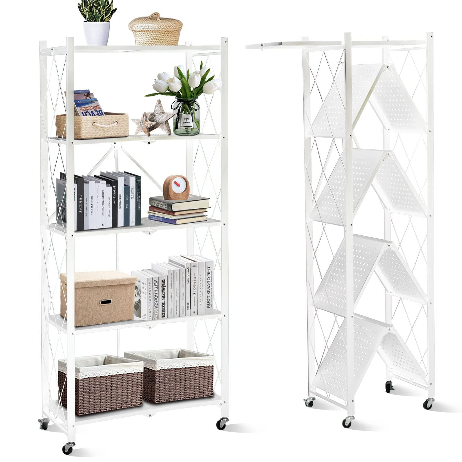 SKY-TOUCH Foldable Storage Shelves 5 Tier, Storage Racks Kitchen Cabinet, Shelf Storage Multipurpose Rack for Living Room Bedroom Kitchen Garage Easy Assembly White 5-shelf
