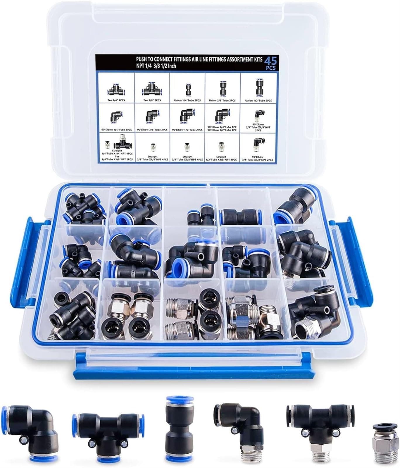 THE WHITE SHOP45PCS Air Line Fitting Kit, Thread Push To Connect Fittings, Nylon Tubing 1/4, 3/8, 1/8, 1/2" Quick Connect, Air Line Fittings assortment kit for Automotive Car or Industrial Workshops