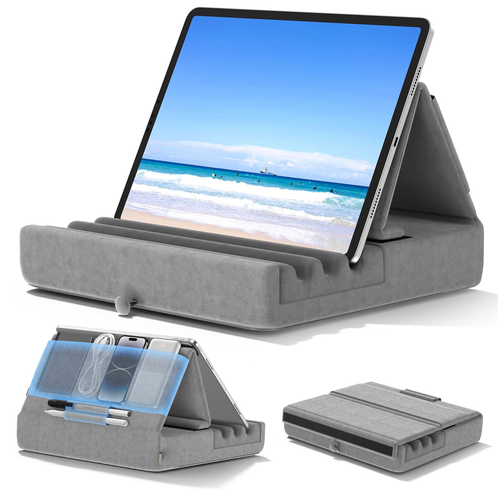 – KDD Tablet Pillow Holder, Foldable iPad Stand for Lap, Bed and Desk -Tablet Soft Pad Dock with Pocket & Stylus Mount Compatible with iPad Pro 12.9, 10.5, 9.7 Air Mini 6 5 4 3, Kindle, E-Reader, Gray