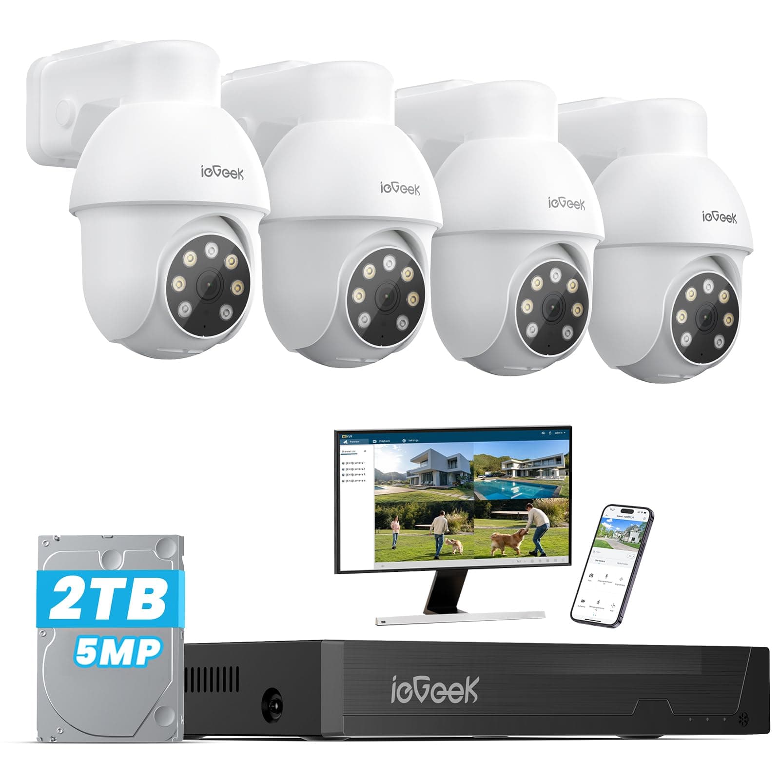 ieGeek【5MP+2TB HDD+360°PTZ】PoE Security CCTV Camera Systems with AI Human & Vehicle Detection, 4K Lite H.265+ DVR/NVR, 4PCS Home Security Cameras, Color Night Vision, Automatic Tracking, Remote Access