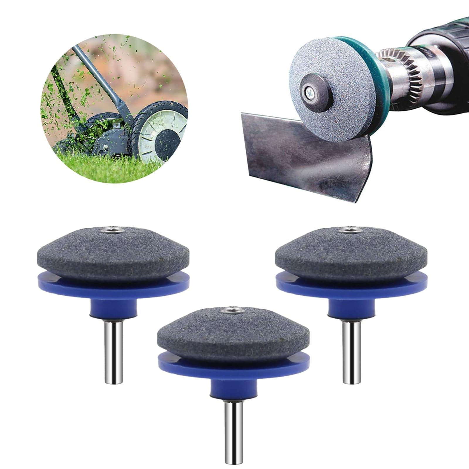 Lawnmower Blade Sharpener, 2025 New Mower Blade Sharpener, Quality Double Layer Corundum Lawn Mower Blade Sharpener, Lawnmower Dull Blade Sharpener for Any Power Hand Drill (3Pcs-Blue)