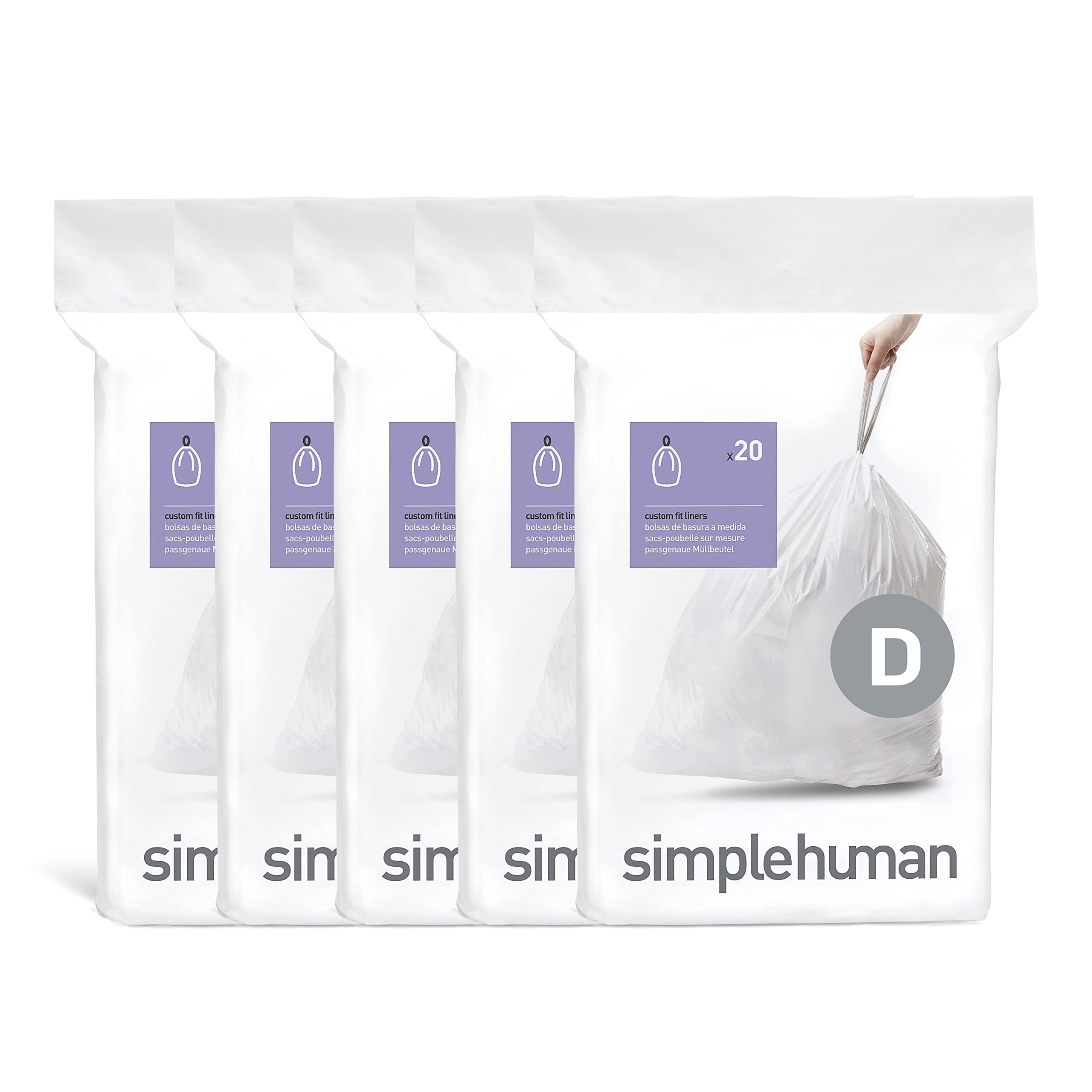 simplehuman Code D 100 Count, Dispenser Pack Custom Fit Liners, Drawstring Trash Bags, 20 Liter / 5.3 Gallon, White