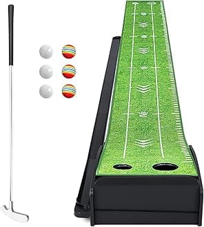 Golf Putting Green Mat with Putter and 6 Golf Balls, Golf Putting Practice Mat Equipment with Auto Ball Return System for Home Office Backyard Indoor Outdoor Use